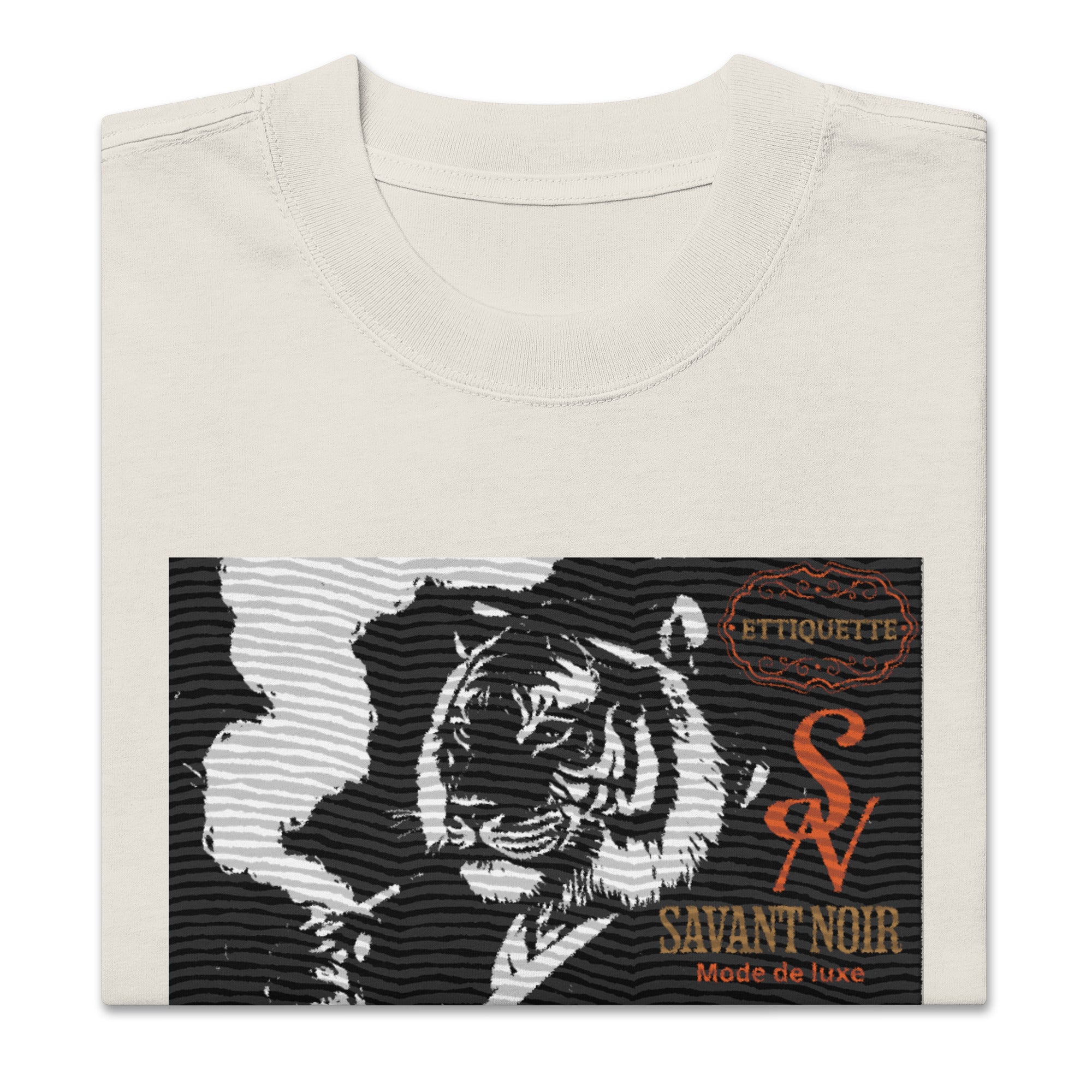 SAVANT NOIR designer tiger print shirt in white with black and orange tiger graphic and logo