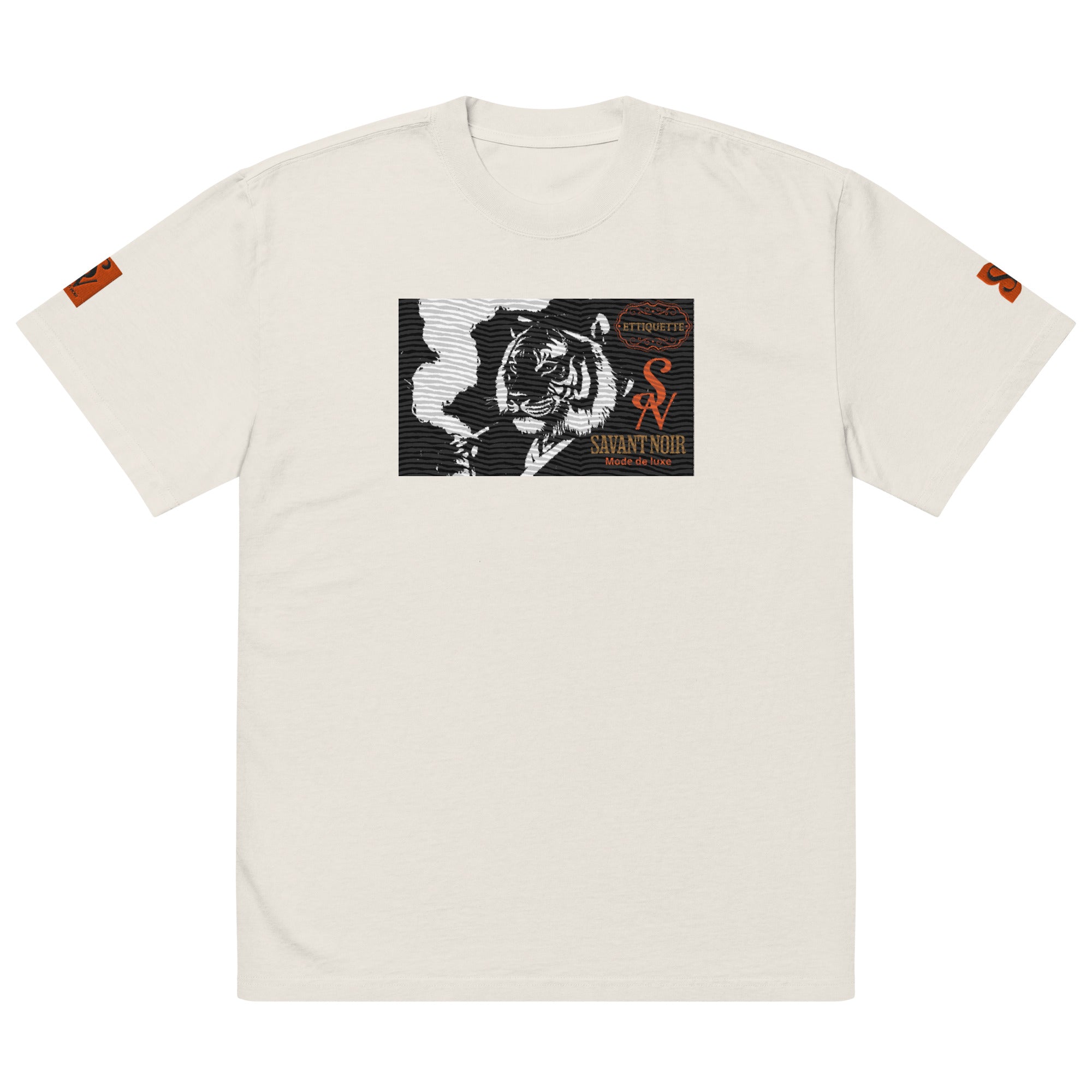 SAVANT NOIR designer tiger print shirt in white with black and orange tiger graphic on front