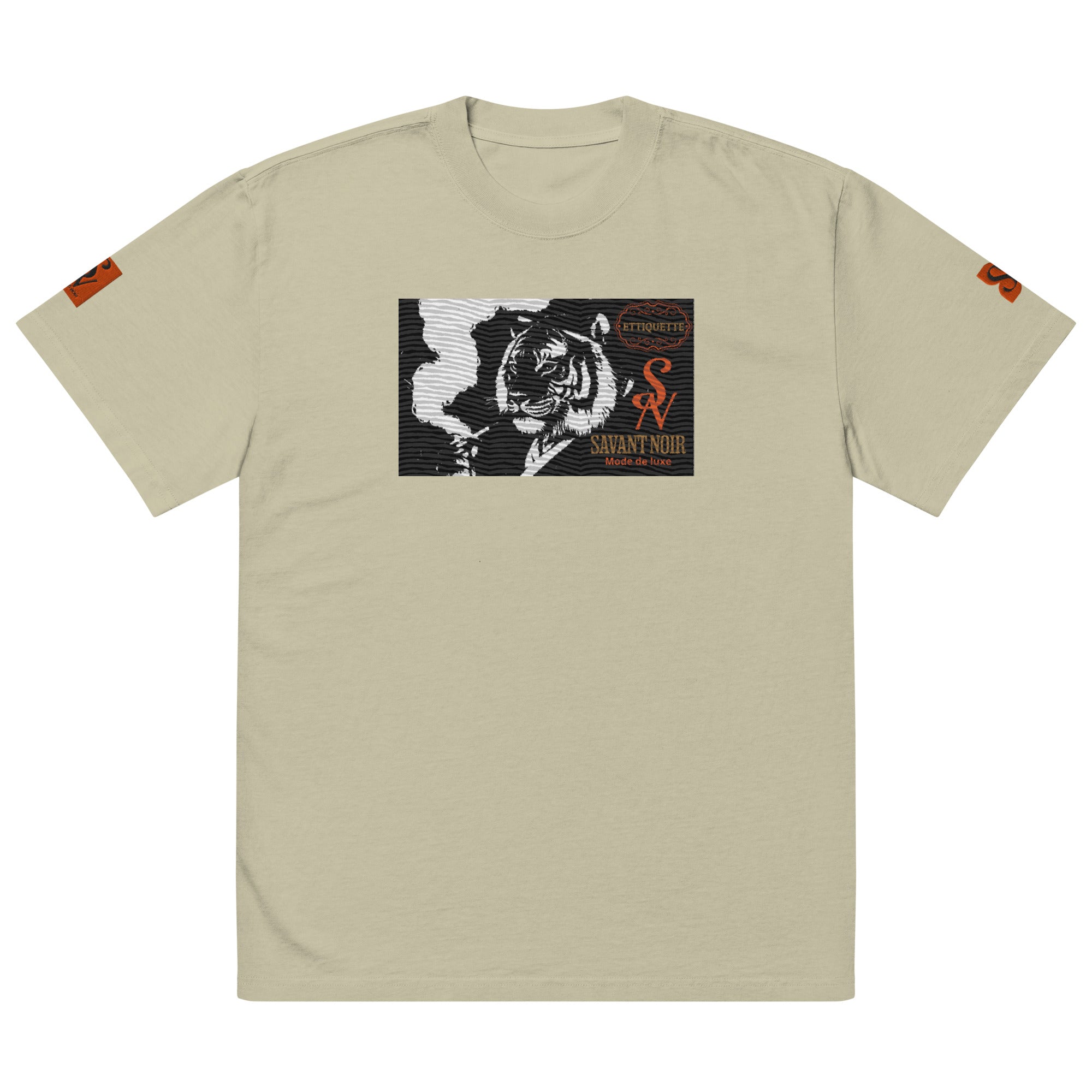 SAVANT NOIR beige designer tiger print shirt with black and white tiger graphic and orange brand details