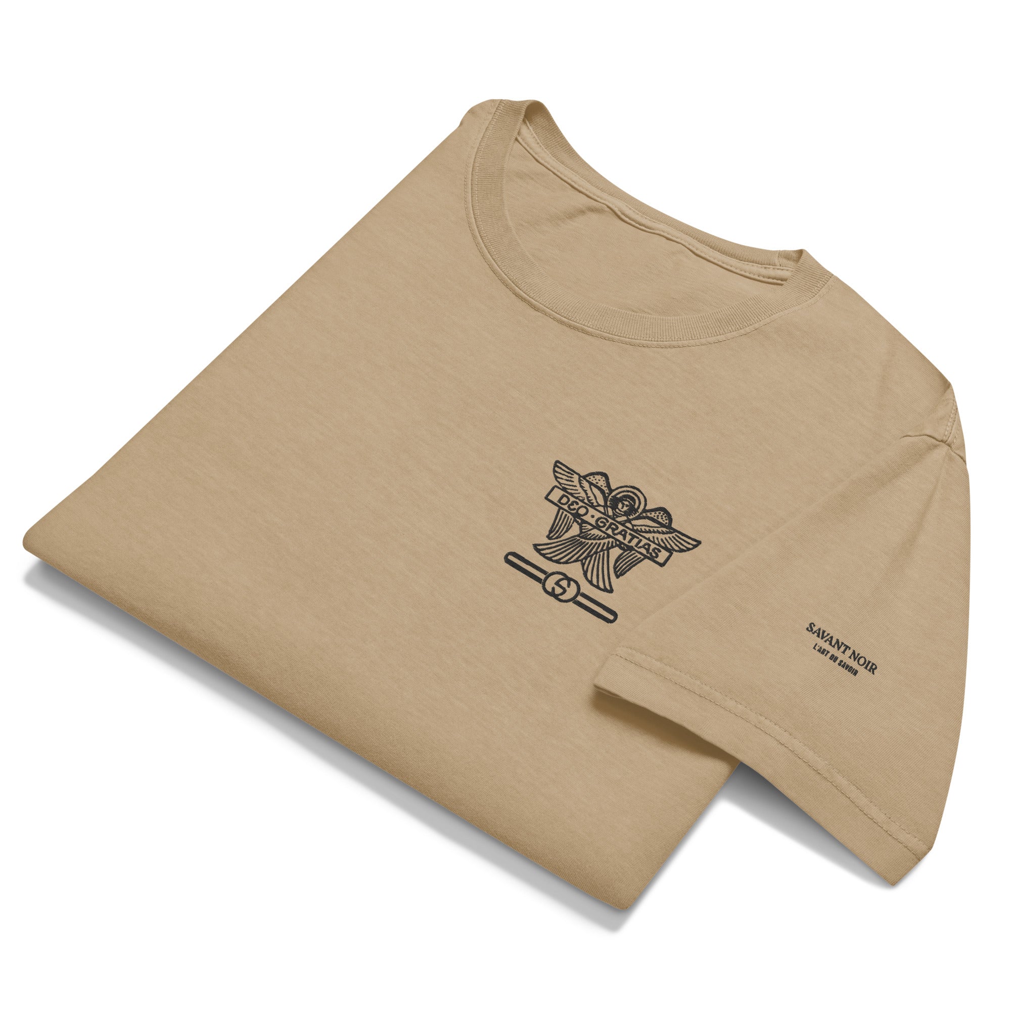 Beige Dieu des Batailles graphic tee by SAVANT NOIR with black emblem on chest and sleeve logo