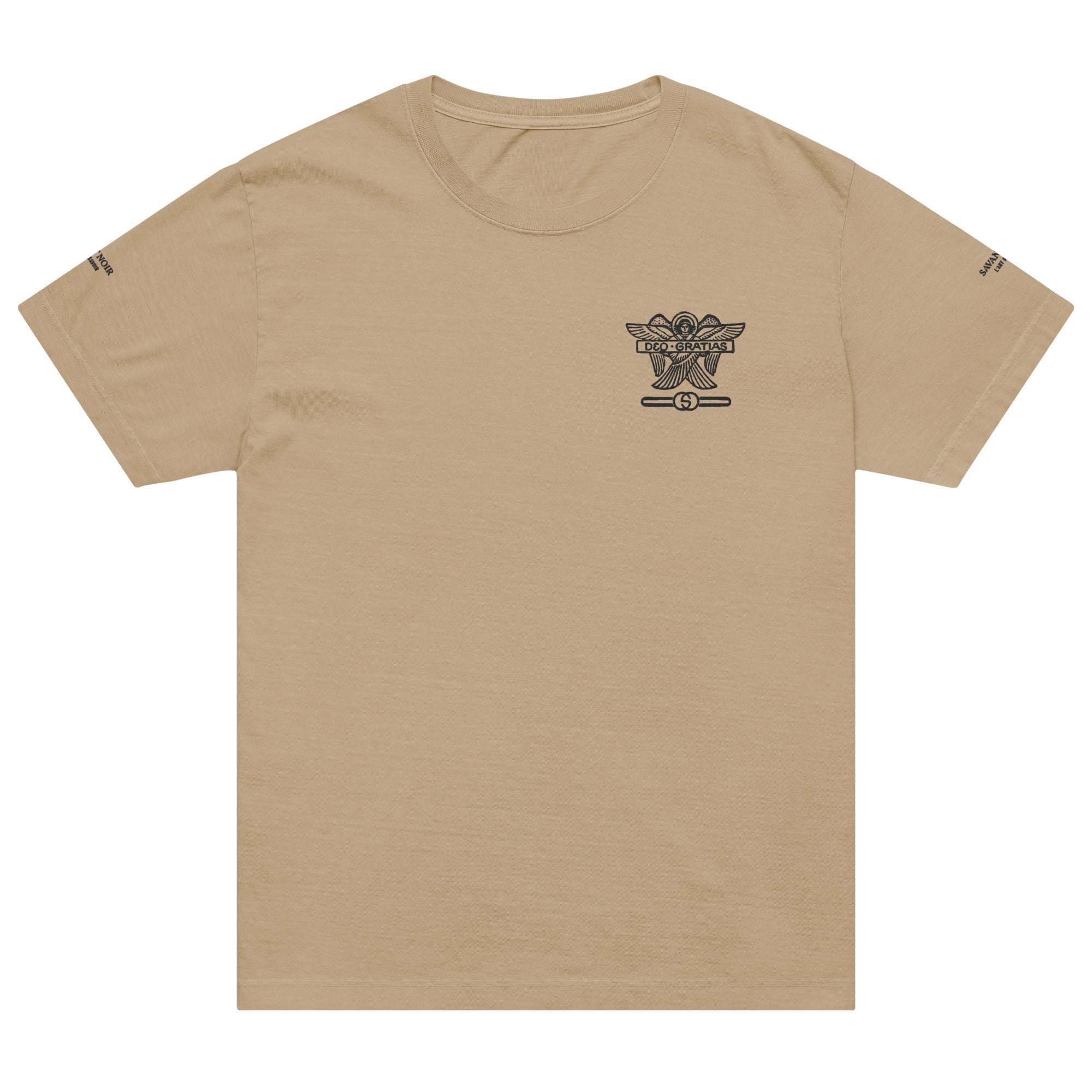 SAVANT NOIR beige Dieu des Batailles graphic tee with small black emblem on chest and short sleeves
