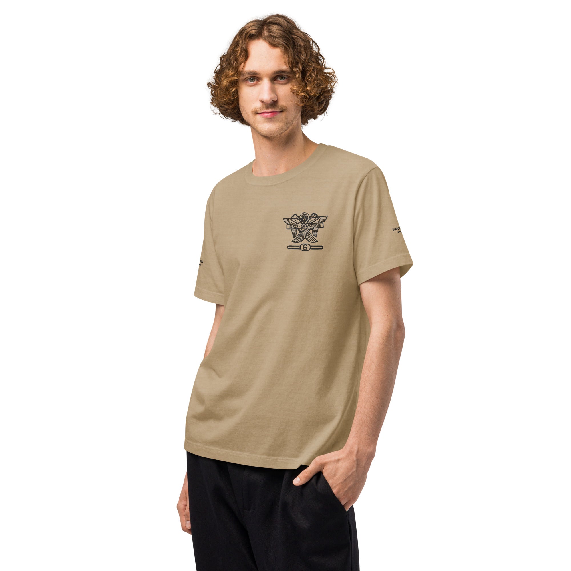 SAVANT NOIR Dieu des Batailles graphic tee beige short sleeve shirt with black design worn by male model