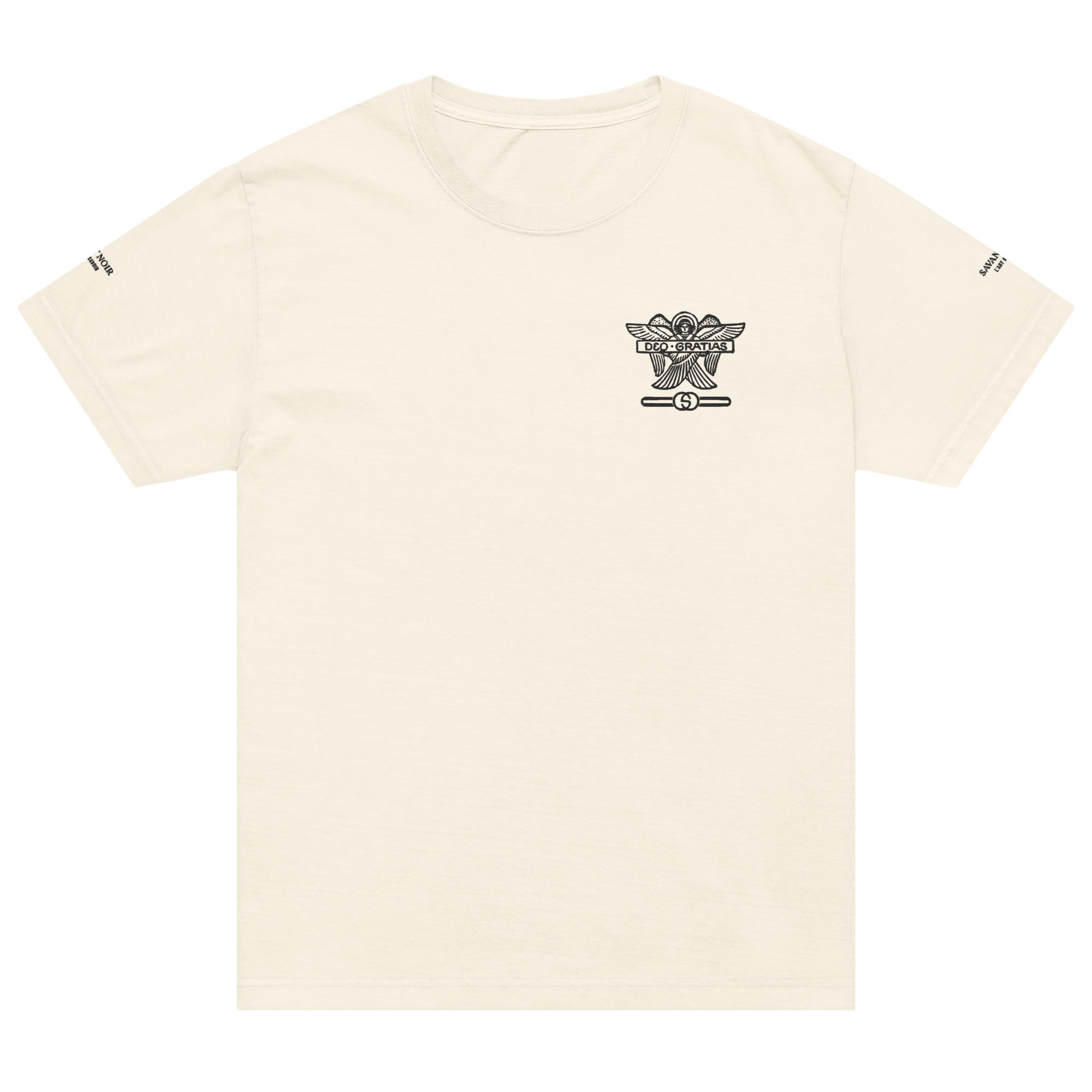 SAVANT NOIR beige Dieu des Batailles graphic tee with black logo on chest and sleeve text
