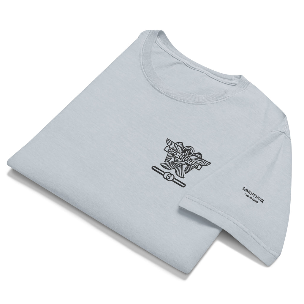 Light gray Dieu des Batailles graphic tee by SAVANT NOIR with black chest emblem and sleeve logo