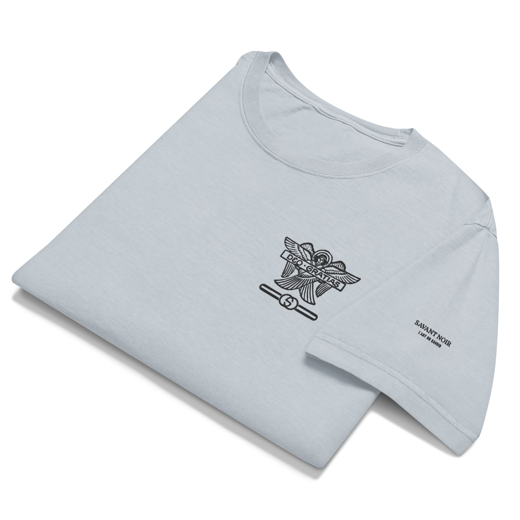 Light gray Dieu des Batailles graphic tee by SAVANT NOIR with black chest emblem and sleeve logo