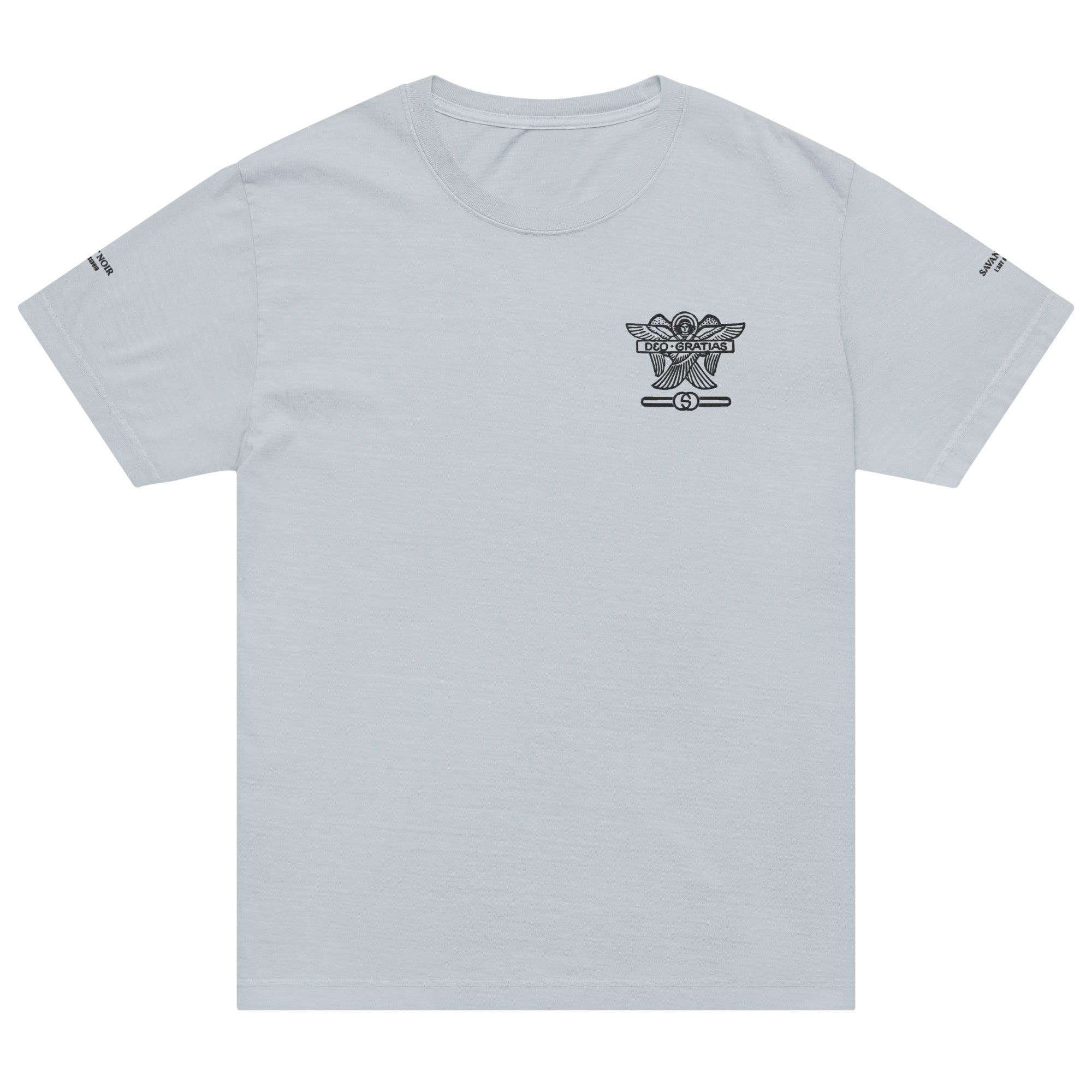SAVANT NOIR Dieu des Batailles graphic tee in light gray with small black front chest logo design