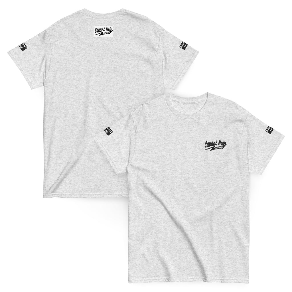 SAVANT NOIR exclusive Paris classic tee front and back view in light gray with black logo prints