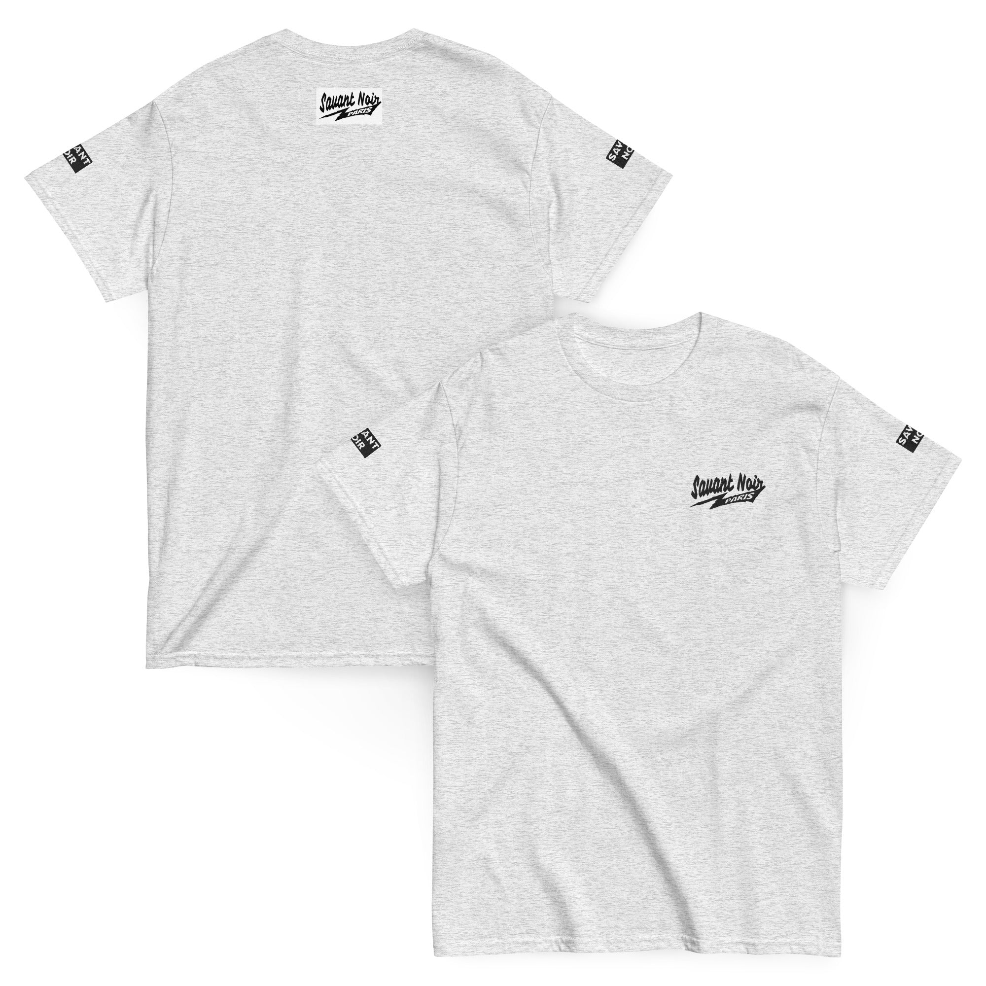 SAVANT NOIR exclusive Paris classic tee front and back view in light gray with black logo prints