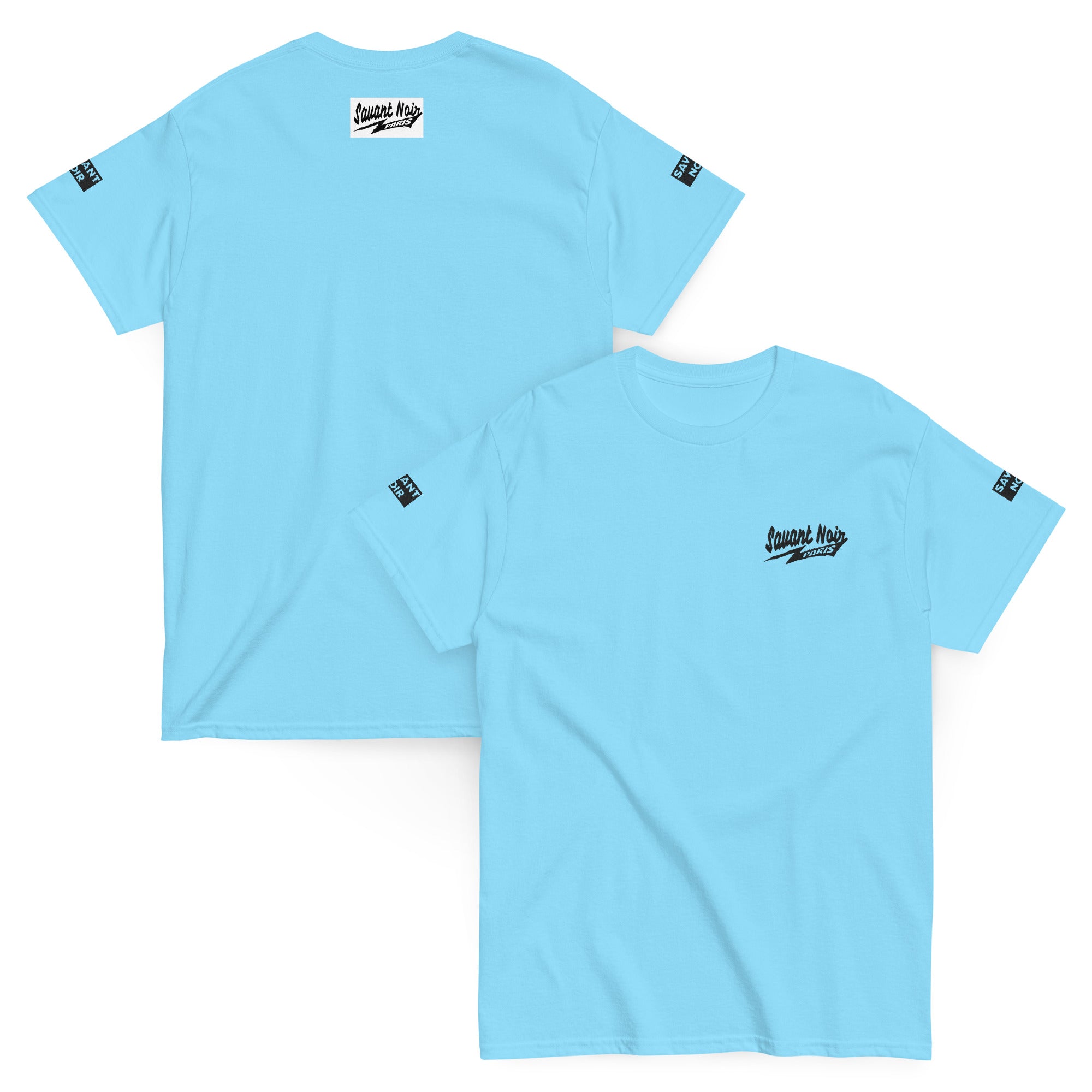 SAVANT NOIR exclusive Paris classic tee in light blue with logo on front, back, and sleeves
