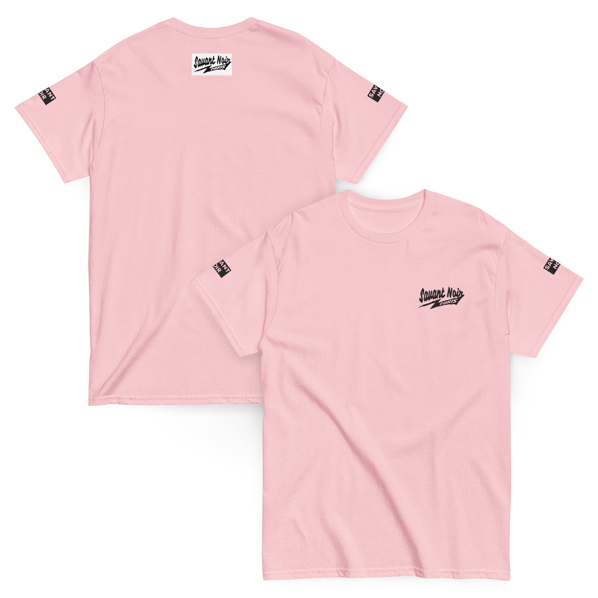 SAVANT NOIR exclusive Paris classic tee in pink with black logo print on front and back