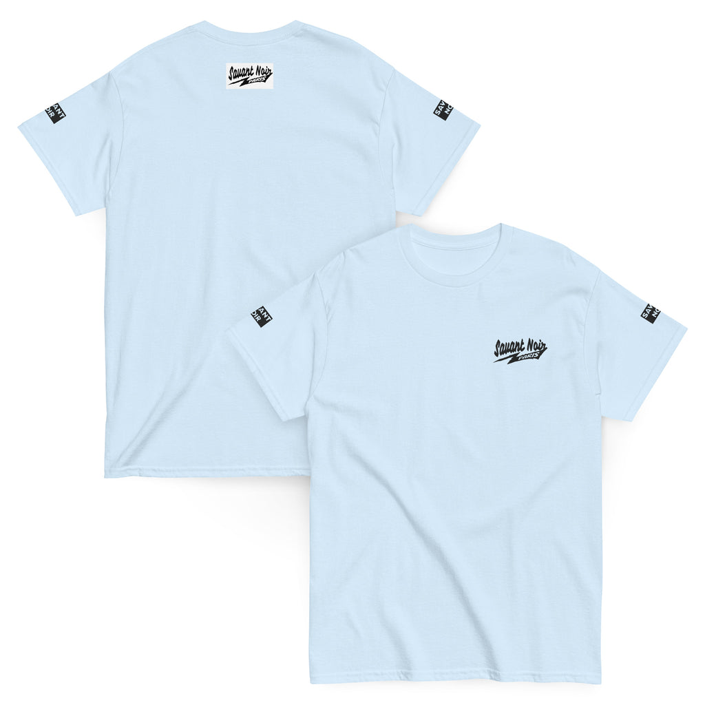 Light blue exclusive Paris classic tee by SAVANT NOIR with black logo print on front, back, and sleeves
