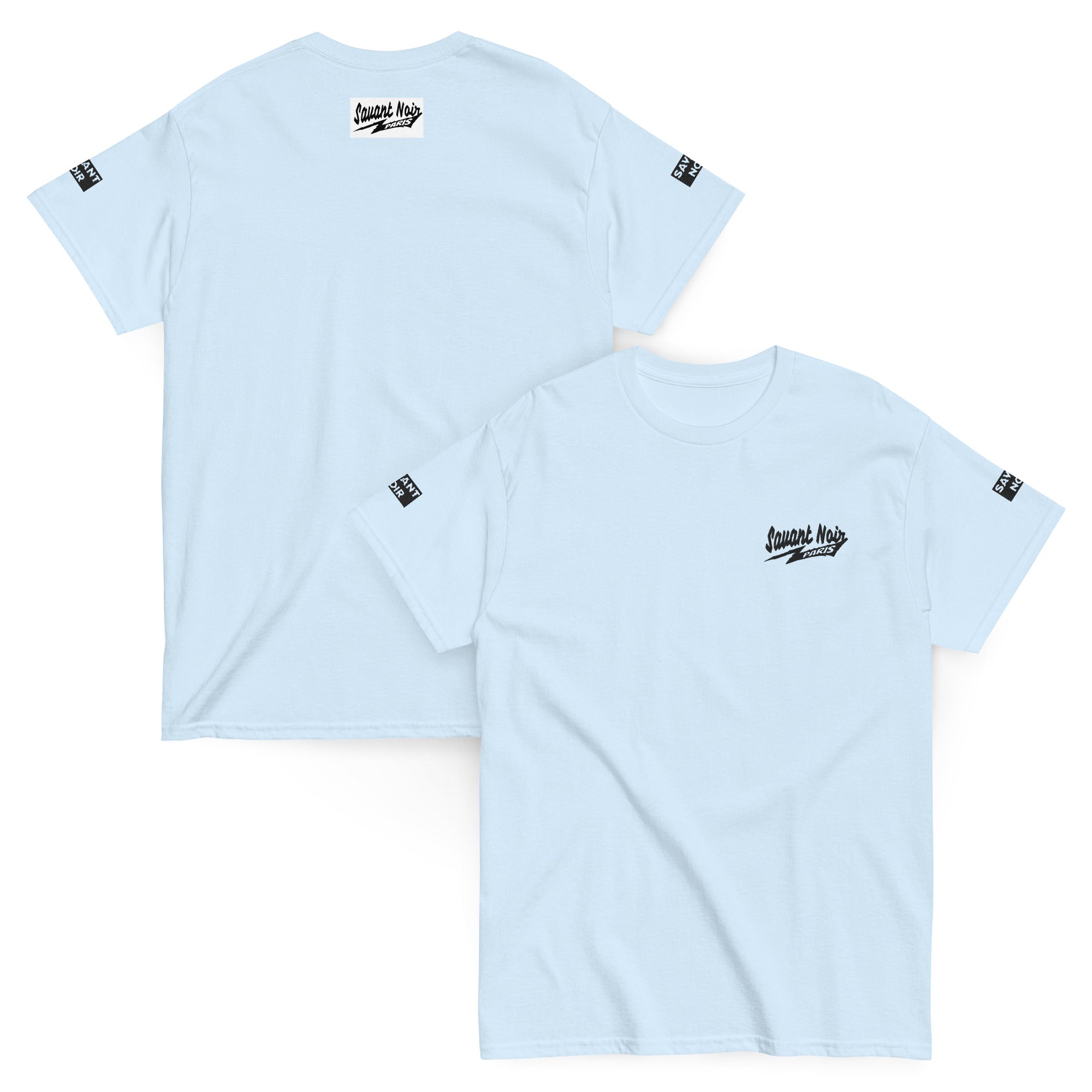 Light blue exclusive Paris classic tee by SAVANT NOIR with black logo print on front, back, and sleeves