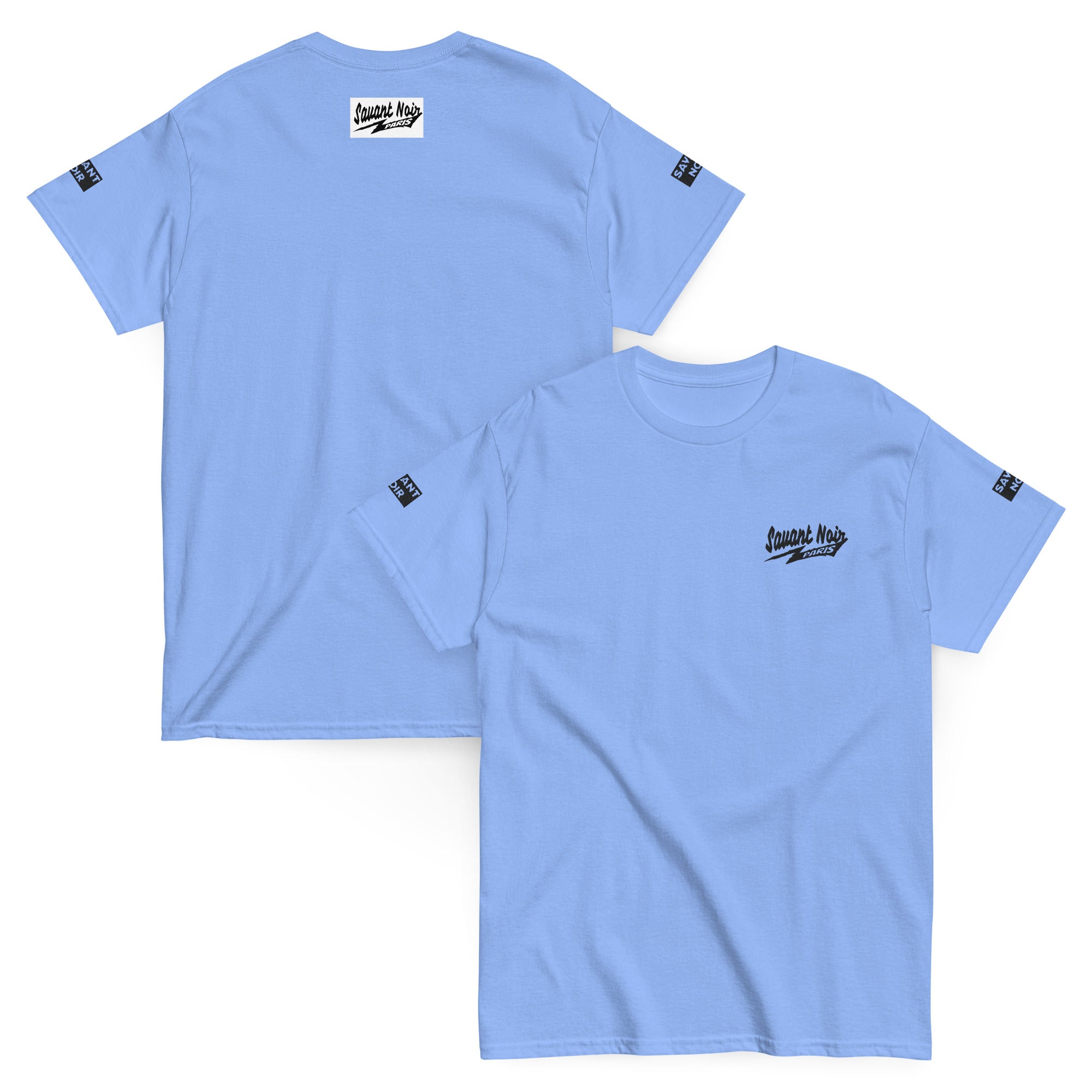 Savant Noir exclusive Paris classic tee in light blue with logo prints on front, back, and sleeves