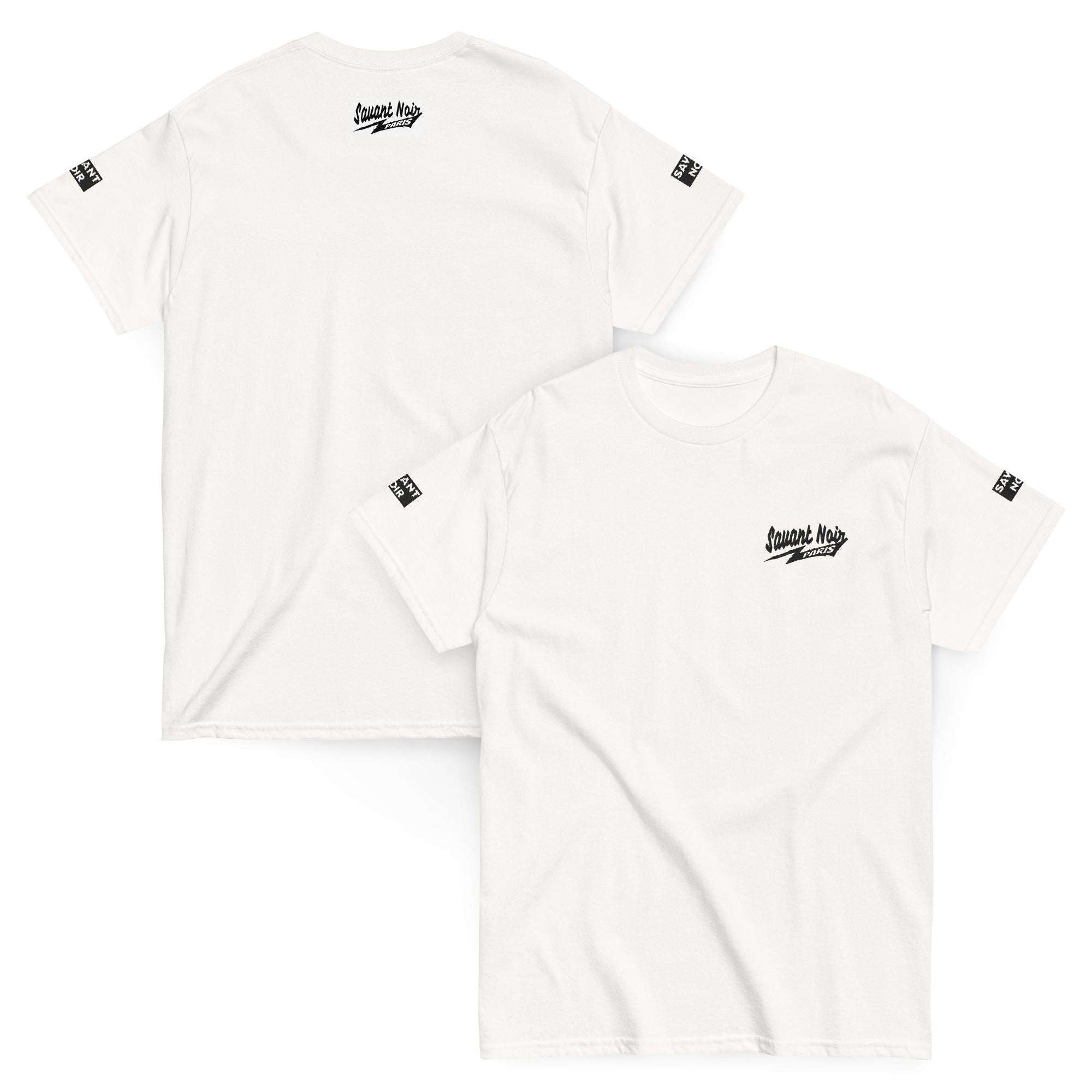 White SAVANT NOIR exclusive Paris classic tee showing front and back with black logo prints