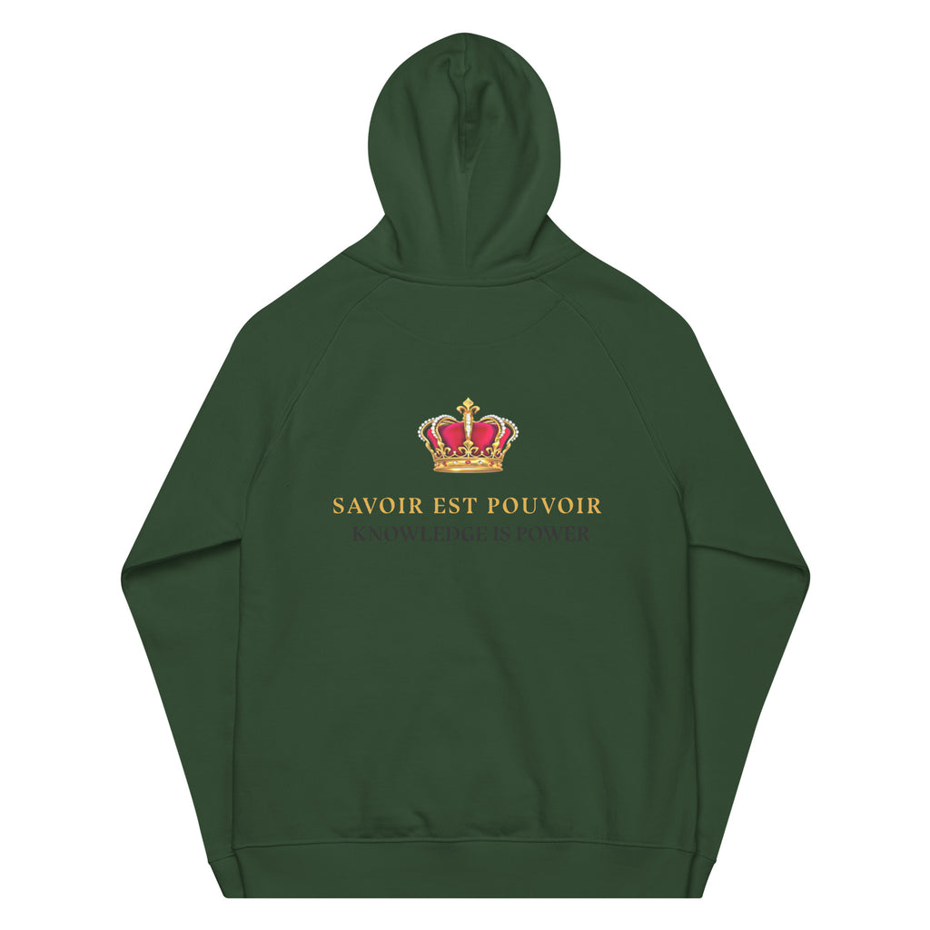 SAVANT NOIR green hoodie with crown design and knowledge is power in french hoodie text on back