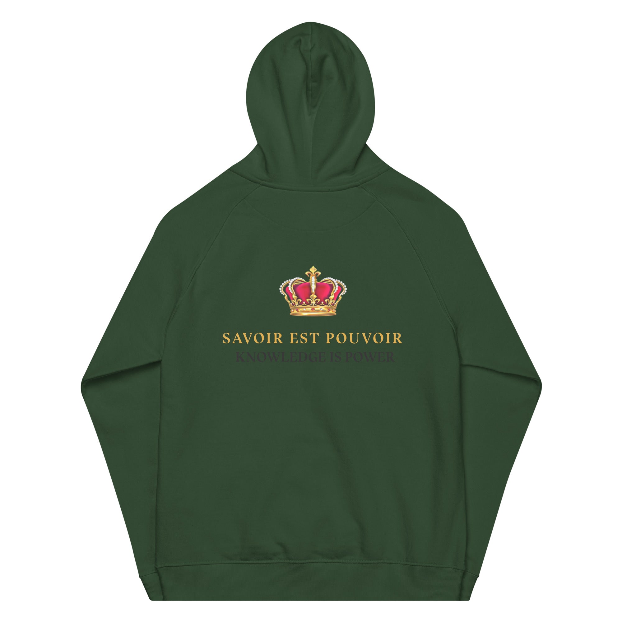 SAVANT NOIR green hoodie with crown design and knowledge is power in french hoodie text on back