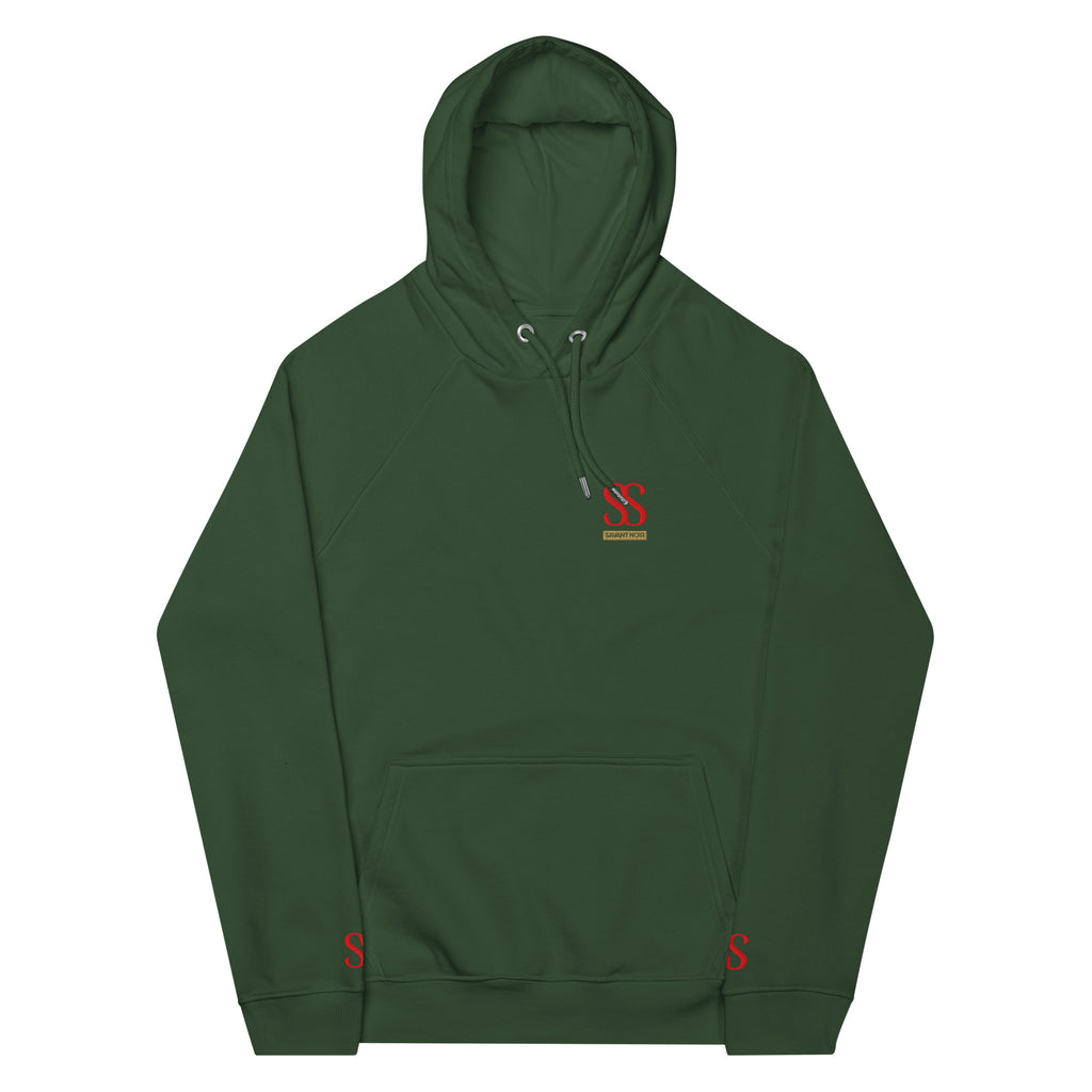 Green SAVANT NOIR knowledge is power in french hoodie with front pocket and red logo print