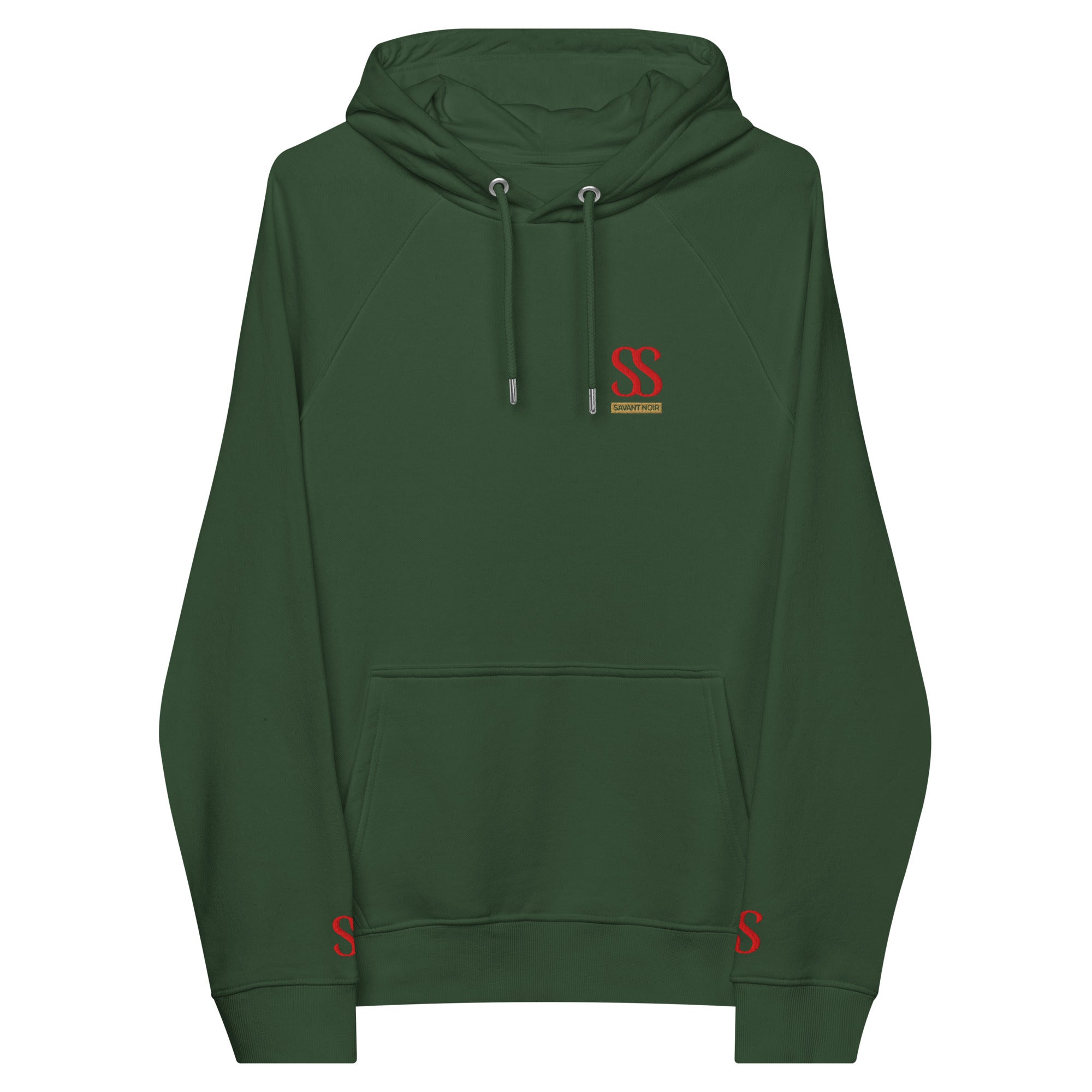 SAVANT NOIR green hoodie with red SS logo and knowledge is power in french hoodie design