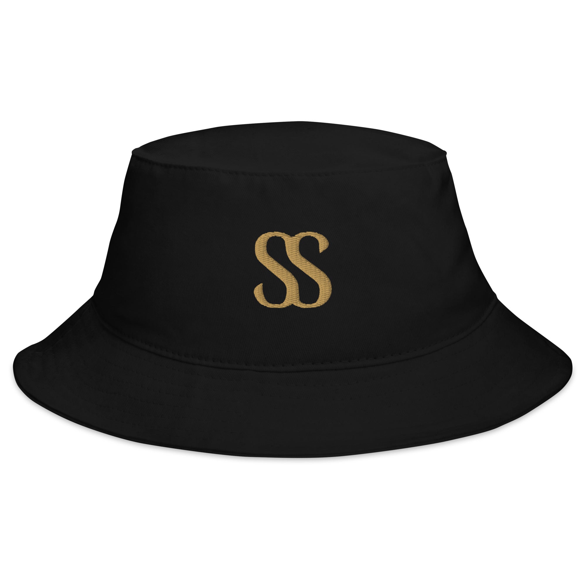 Luxury black bucket hat by SAVANT NOIR with gold SS logo embroidery front