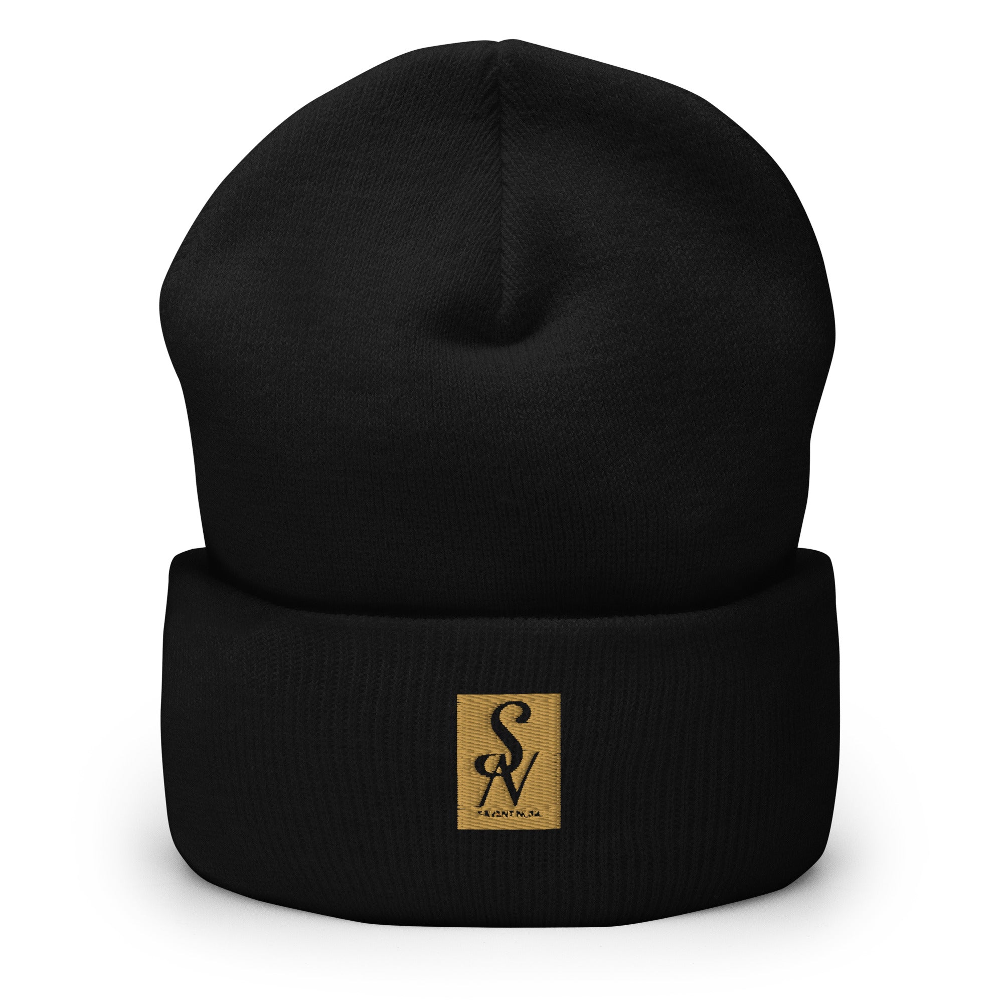 Luxury black cuffed beanie by SAVANT NOIR with a brown logo patch on the front