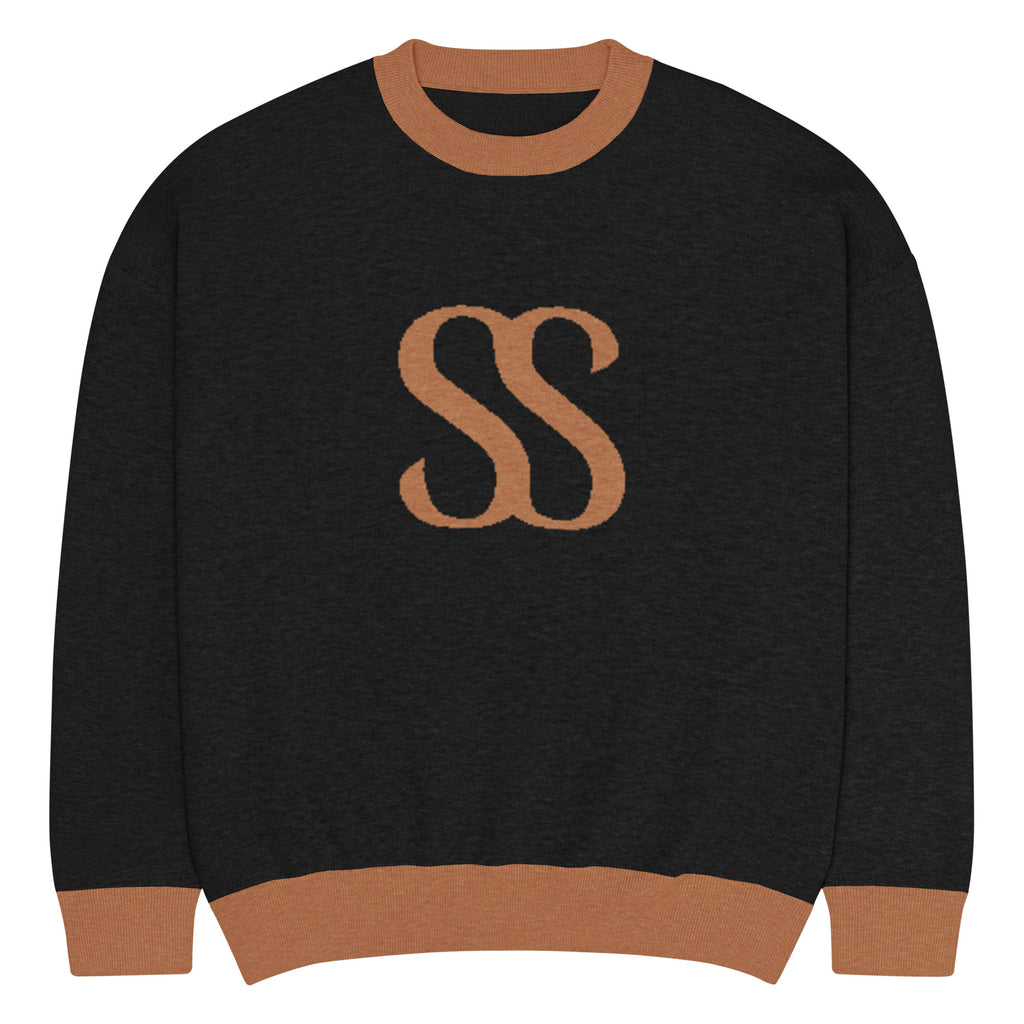 SAVANT NOIR luxury black sweater with brown cuffs and neckline featuring SS logo on front