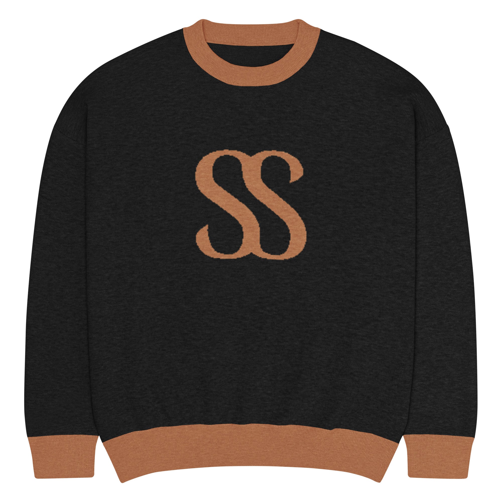 SAVANT NOIR luxury black sweater with brown cuffs and neckline featuring SS logo on front