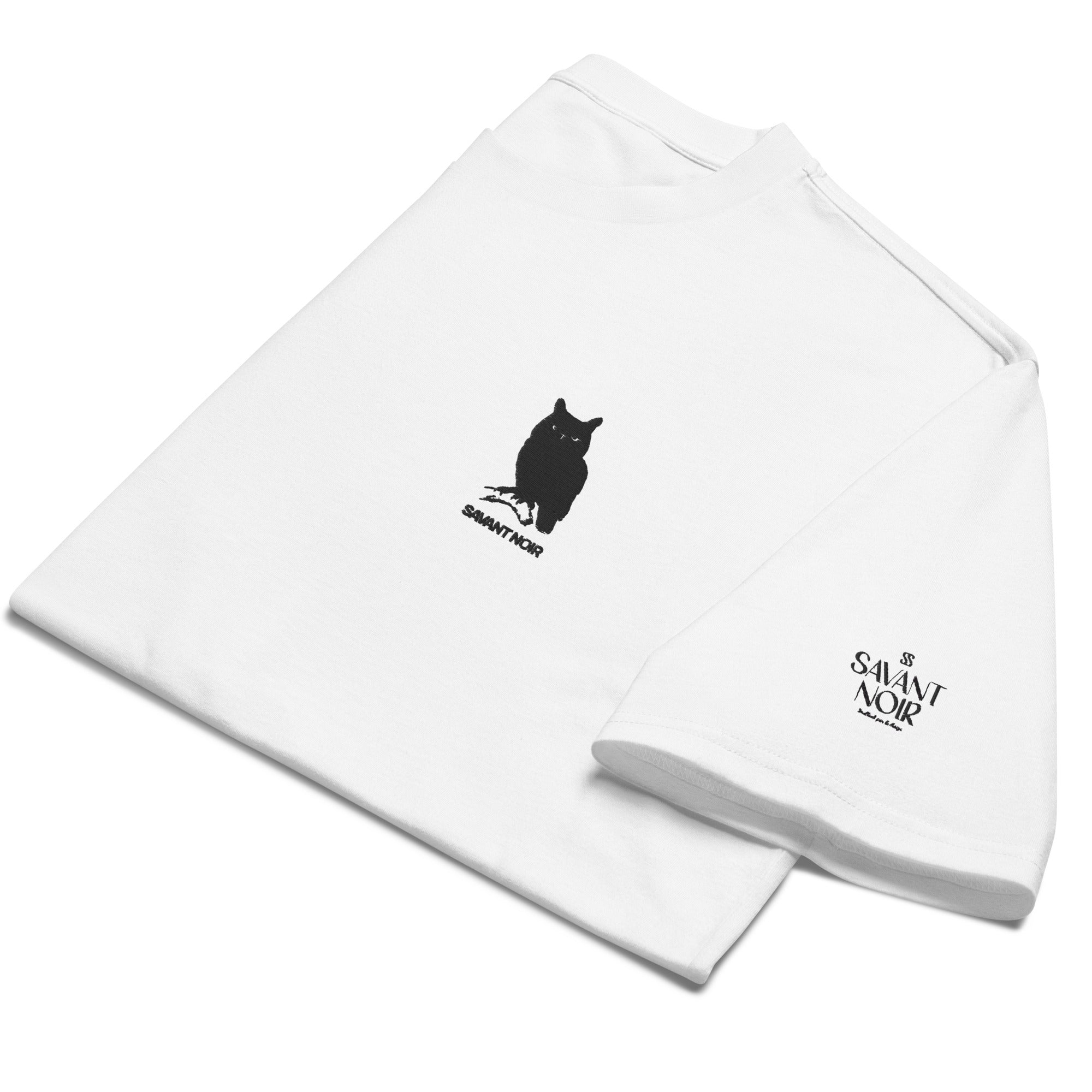 White SAVANT NOIR luxury minimalist t-shirt with black cat graphic and logo on sleeve