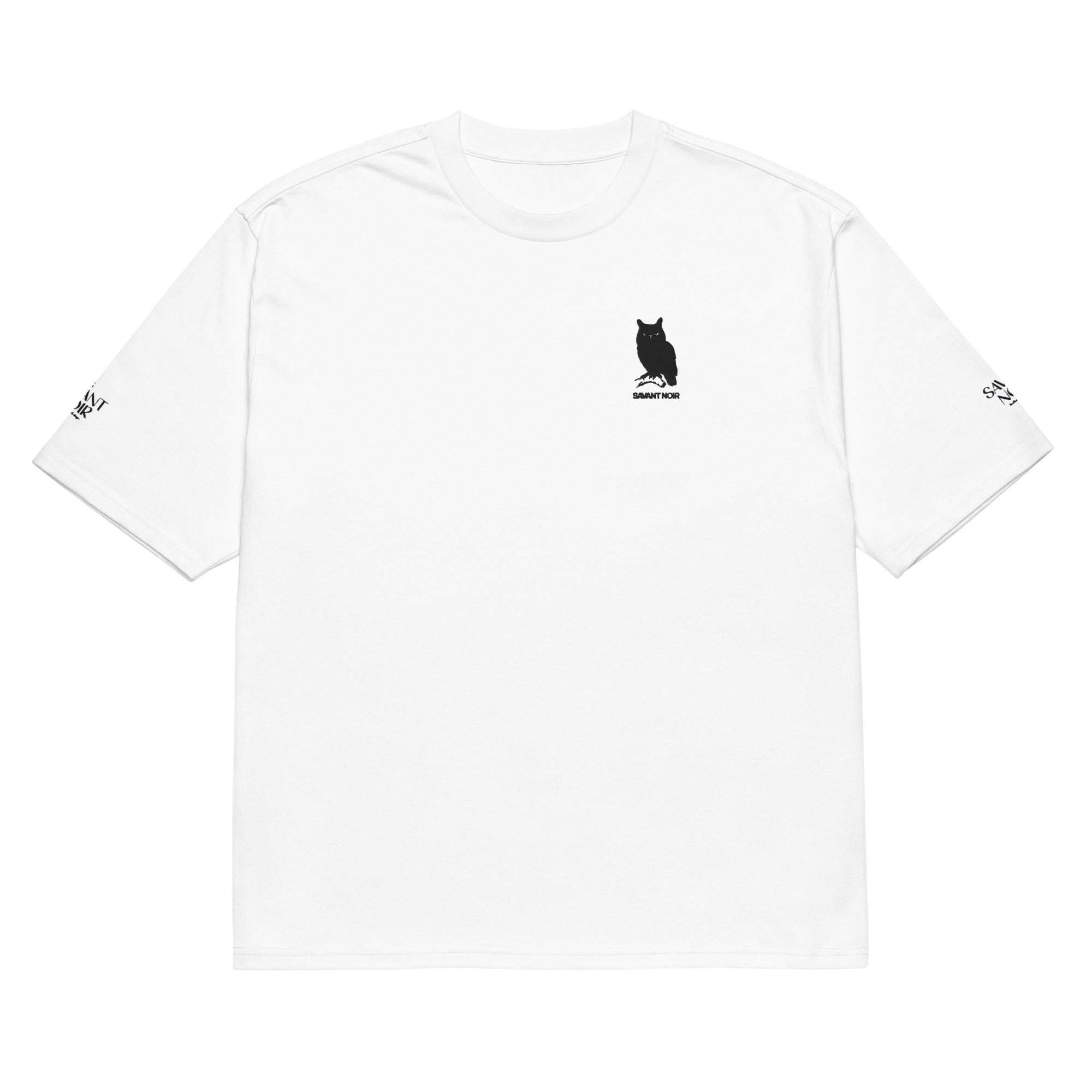 SAVANT NOIR luxury minimalist t-shirt in white with black owl logo and sleeve branding