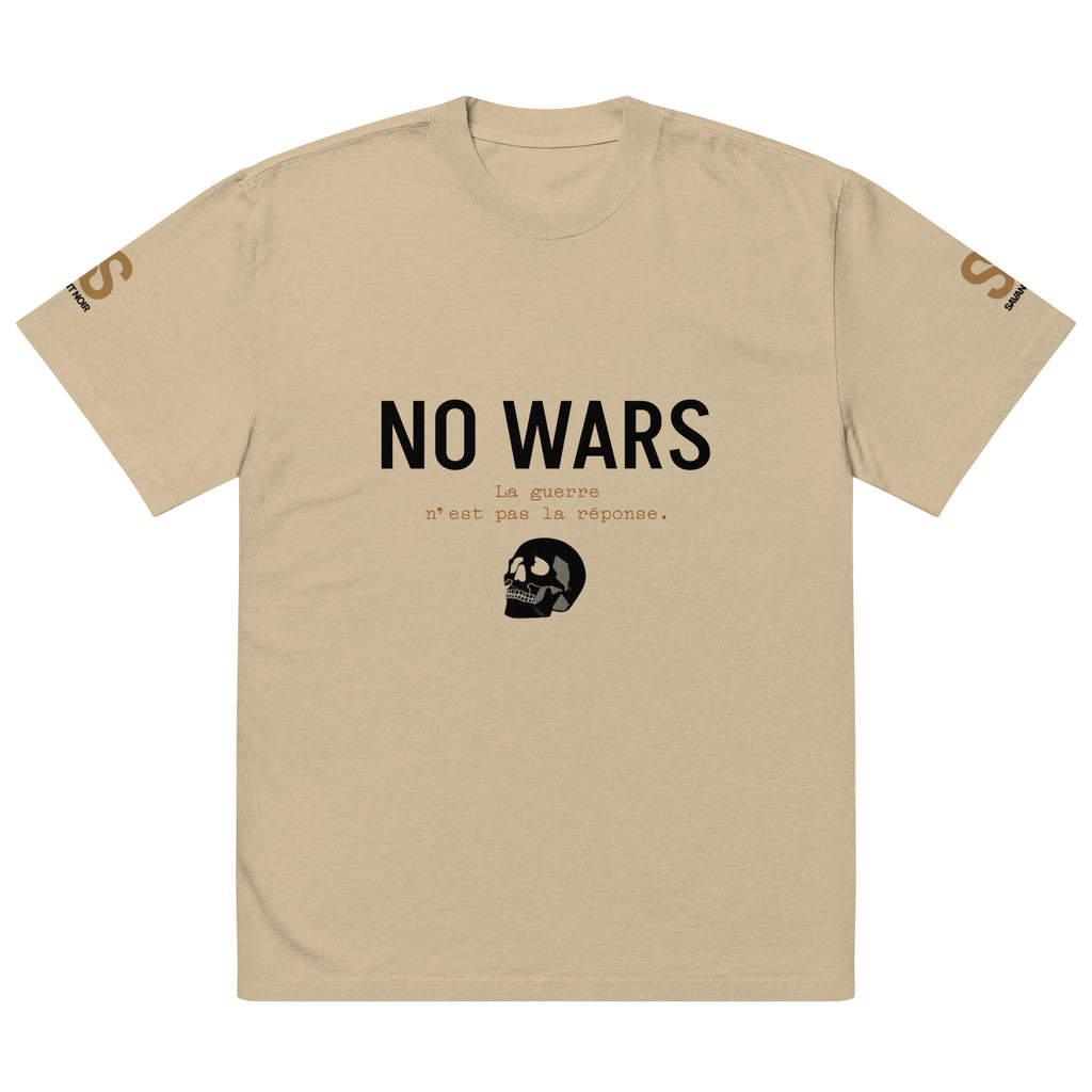 SAVANT NOIR luxury oversized graphic tee in beige with NO WARS text and skull design