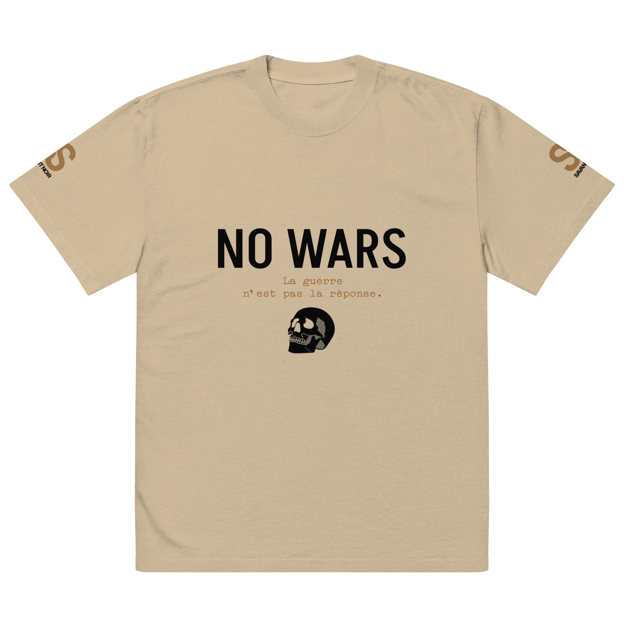 SAVANT NOIR luxury oversized graphic tee in beige with NO WARS text and skull design