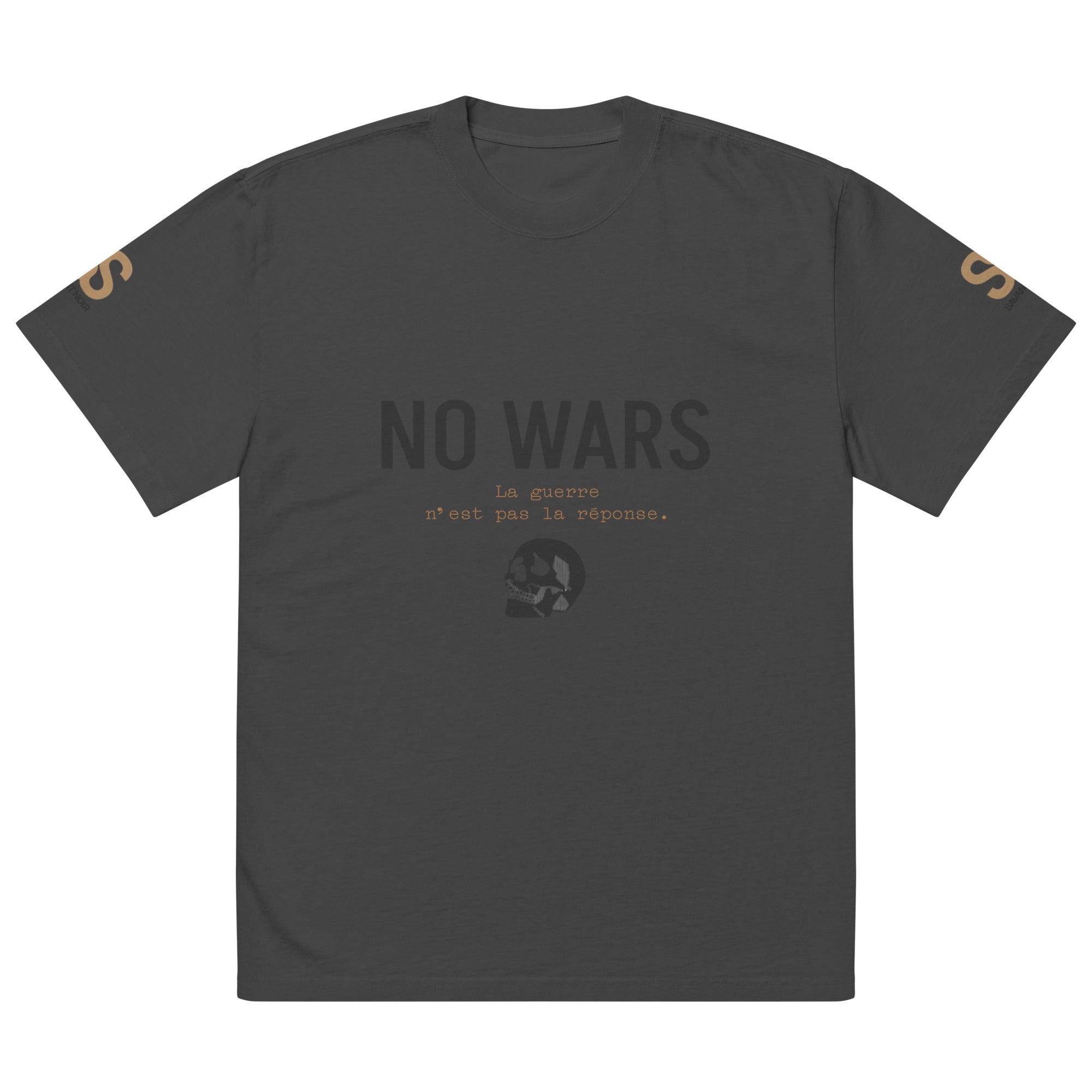 SAVANT NOIR luxury oversized graphic tee in dark gray with NO WARS text and sleeve design