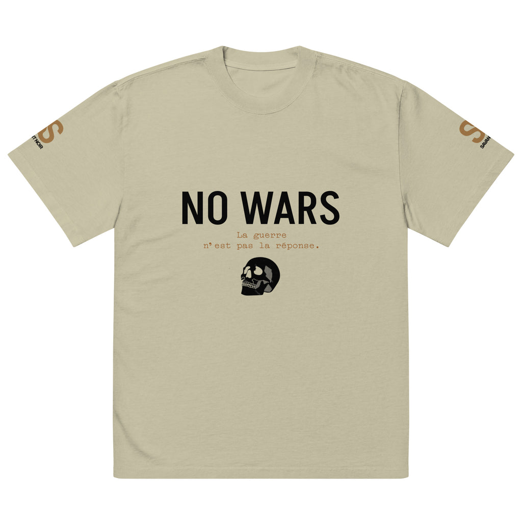 SAVANT NOIR luxury oversized graphic tee with NO WARS text and skull design in beige color