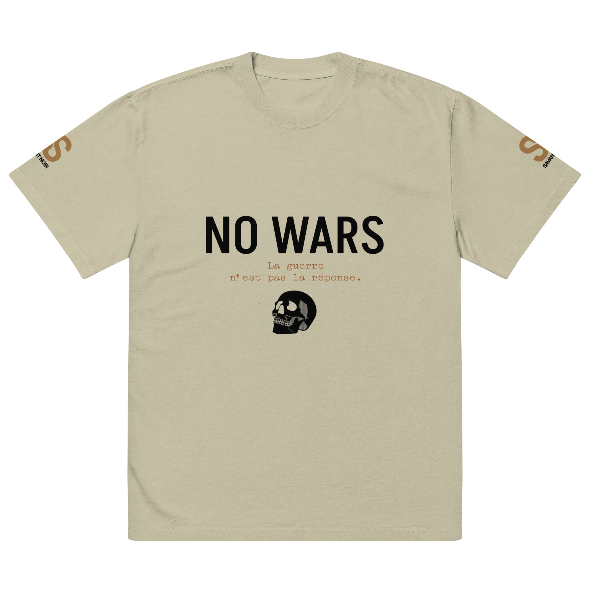 SAVANT NOIR luxury oversized graphic tee with NO WARS text and skull design in beige color