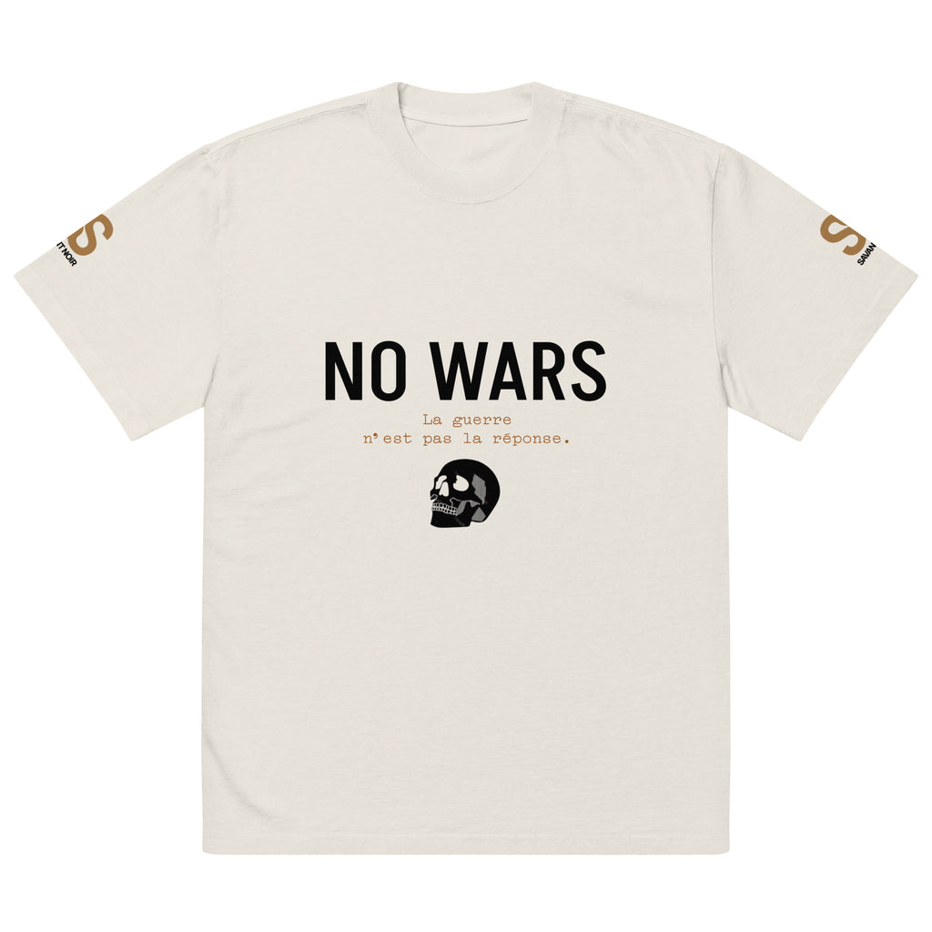 Luxury oversized graphic tee by SAVANT NOIR featuring NO WARS text and skull design on front