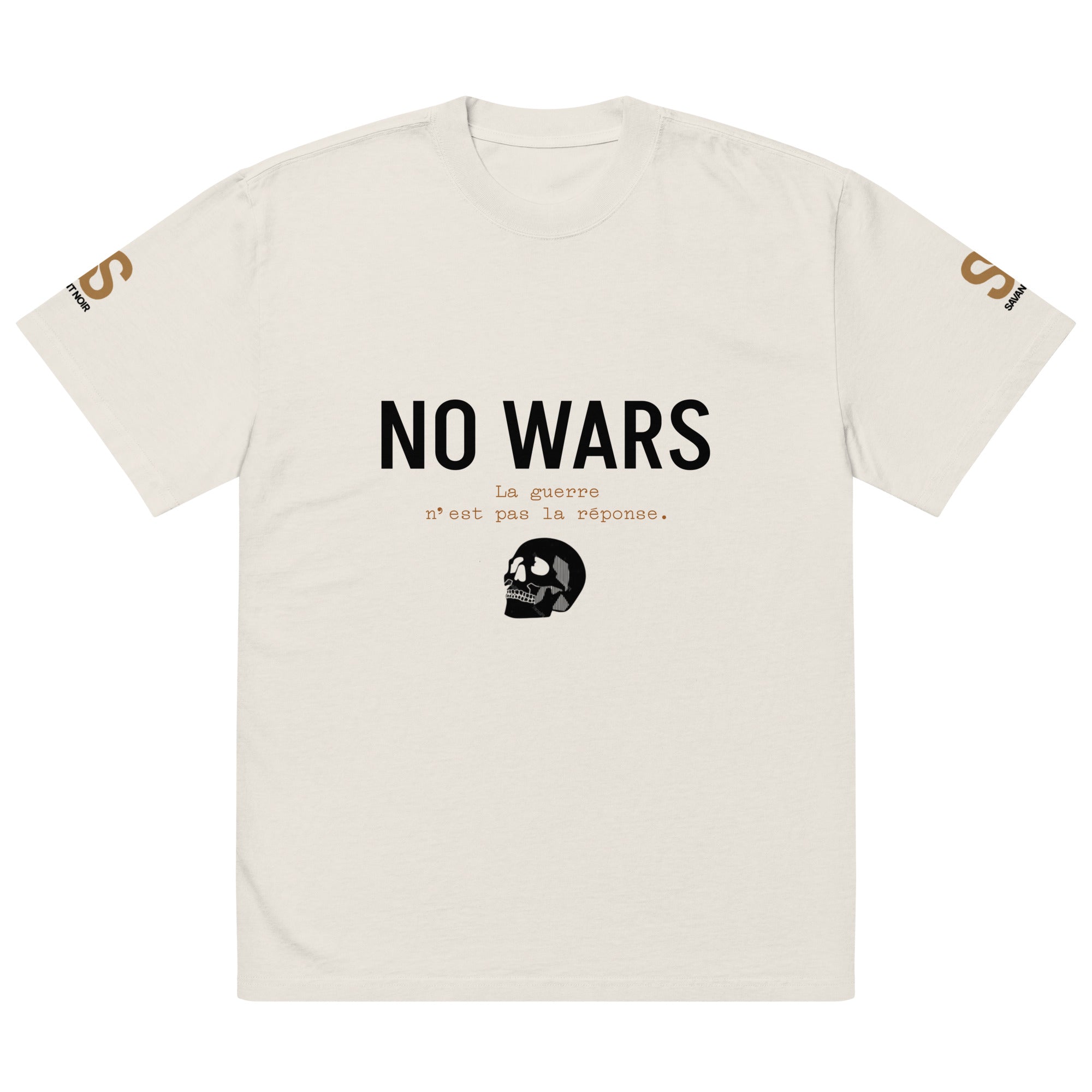 Luxury oversized graphic tee by SAVANT NOIR featuring NO WARS text and skull design on front