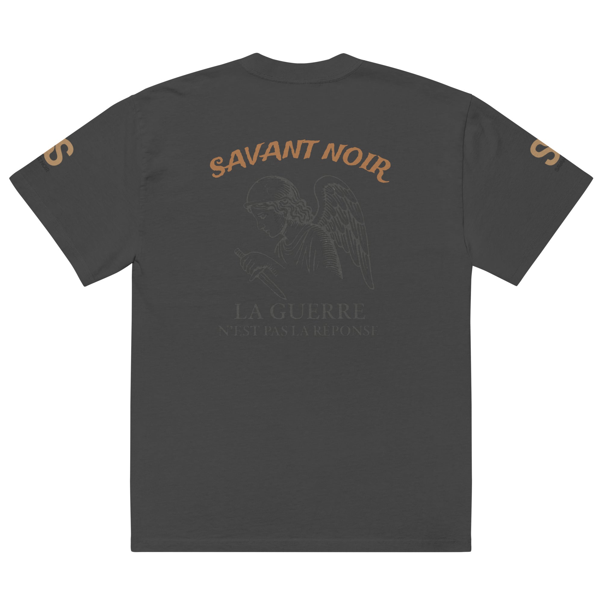 SAVANT NOIR luxury oversized graphic tee in dark color with angel design and text on back and sleeves