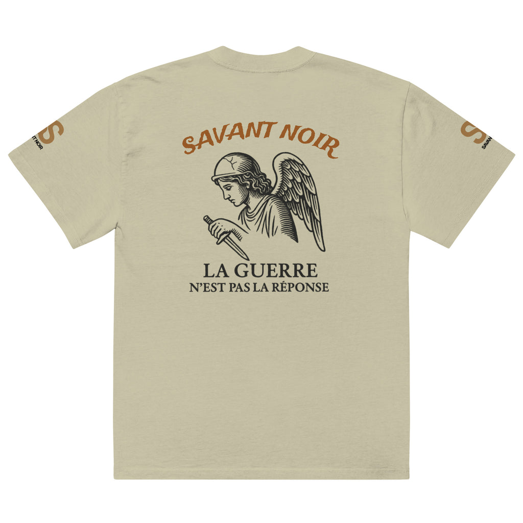 Savant Noir luxury oversized graphic tee in beige with angel design and French text on back