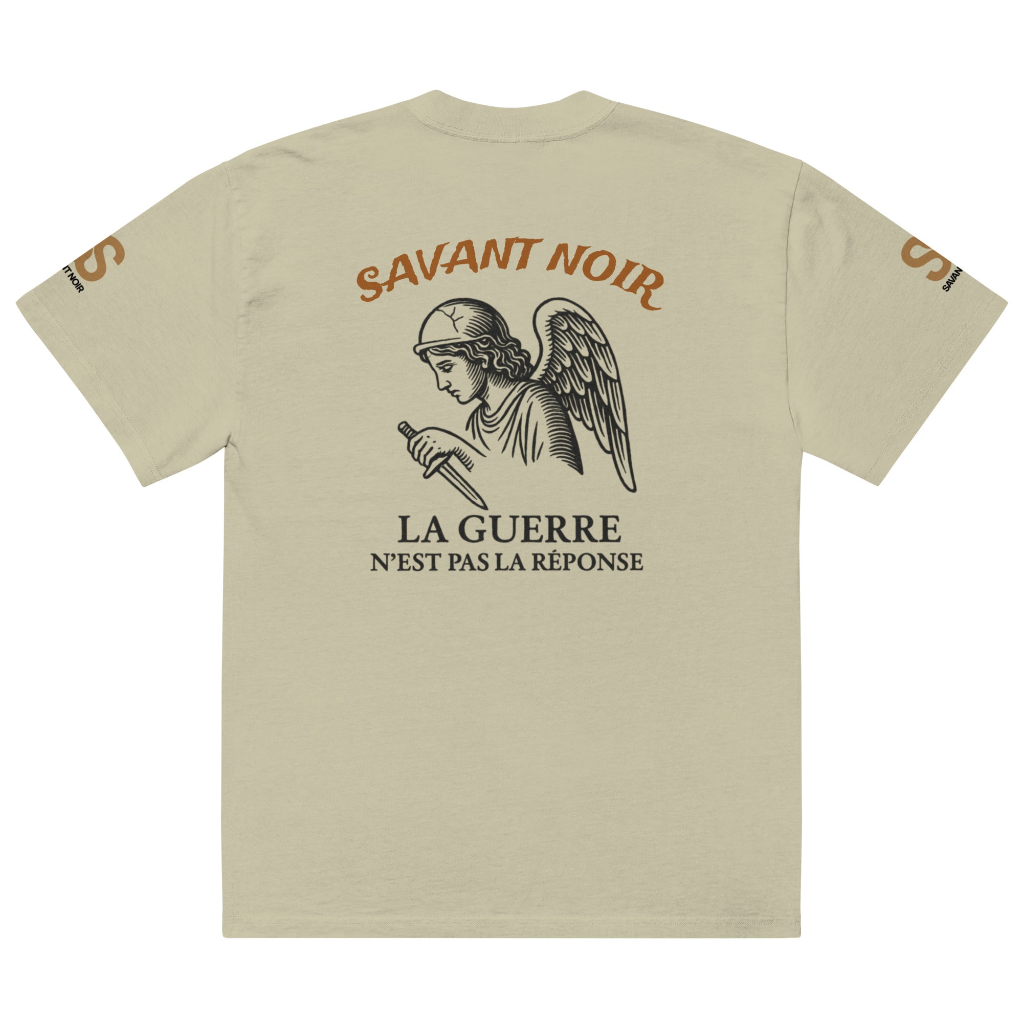 Savant Noir luxury oversized graphic tee in beige with angel design and French text on back
