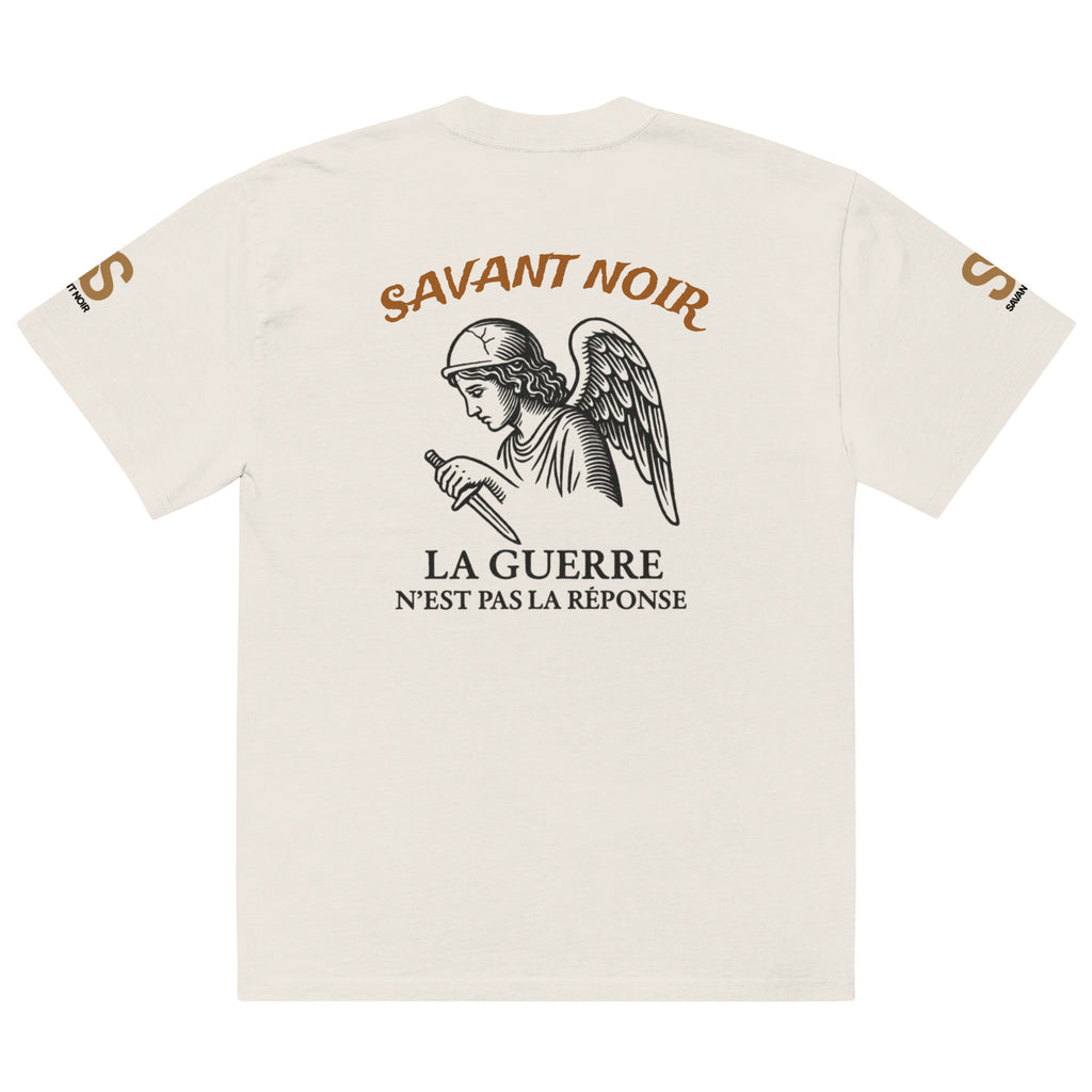 SAVANT NOIR luxury oversized graphic tee in white with angel and text design on the back