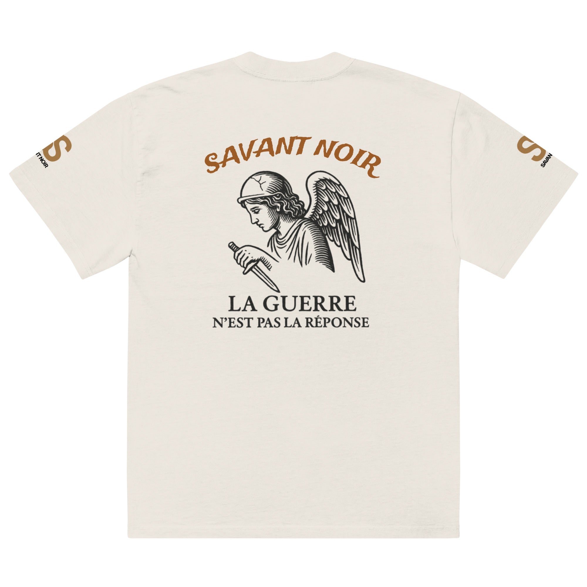 SAVANT NOIR luxury oversized graphic tee in white with angel and French text design on the back