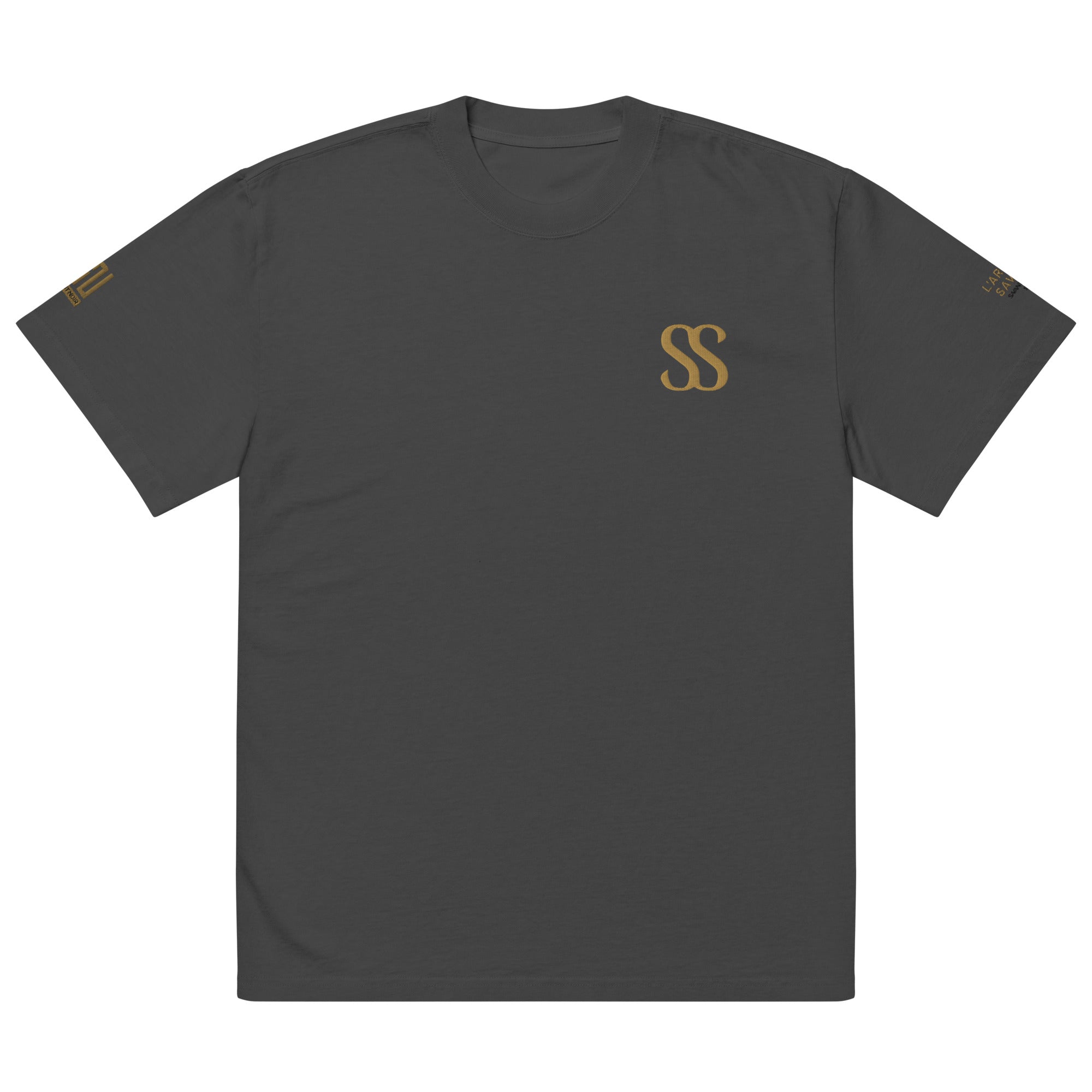 SAVANT NOIR luxury streetwear oversized tee in dark gray with gold SS logo on chest and sleeves