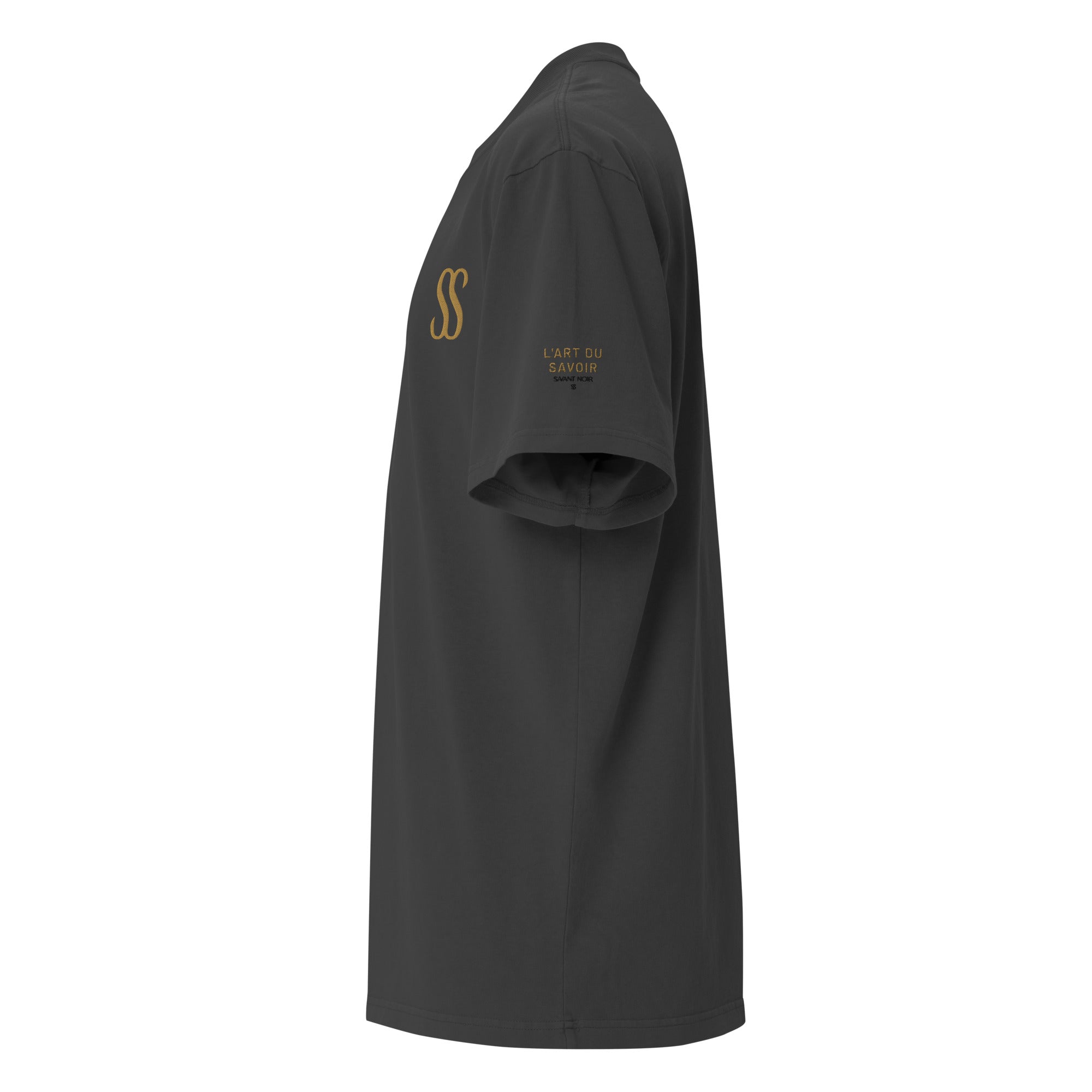 SAVANT NOIR luxury streetwear oversized tee in black with gold logo on chest and sleeve