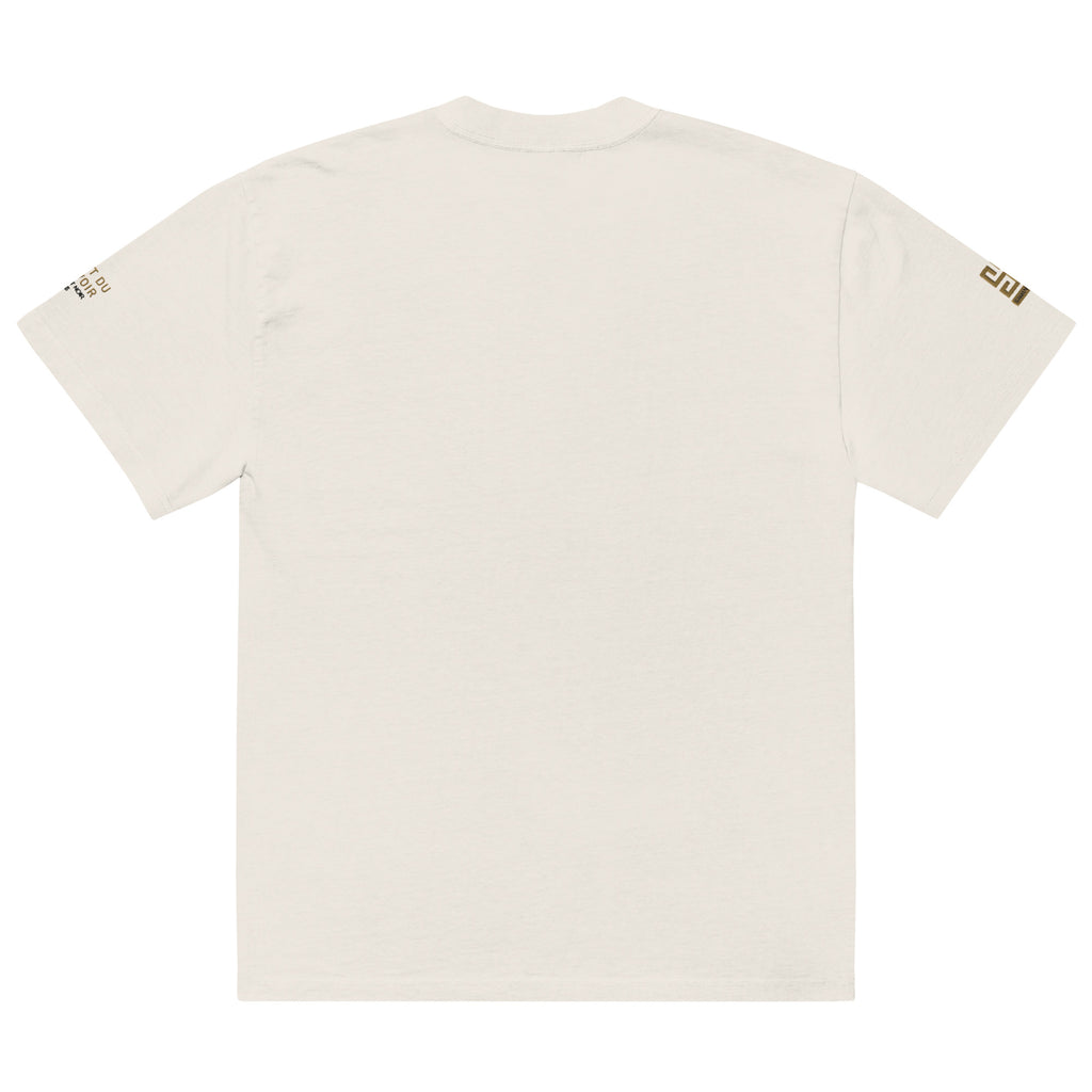 SAVANT NOIR luxury streetwear oversized tee in off-white with minimal gold sleeve logo design