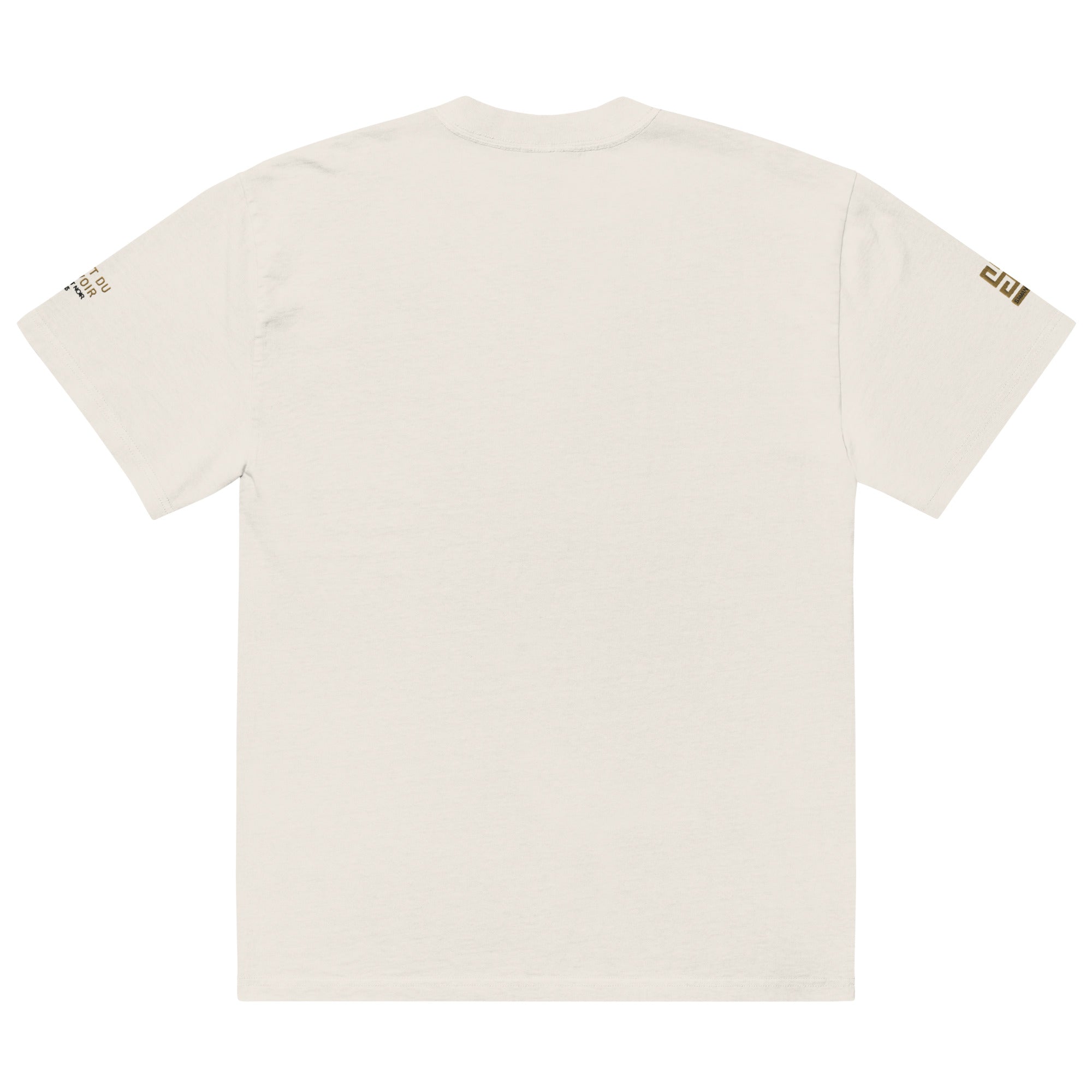 SAVANT NOIR luxury streetwear oversized tee in off-white with minimal gold sleeve logo design