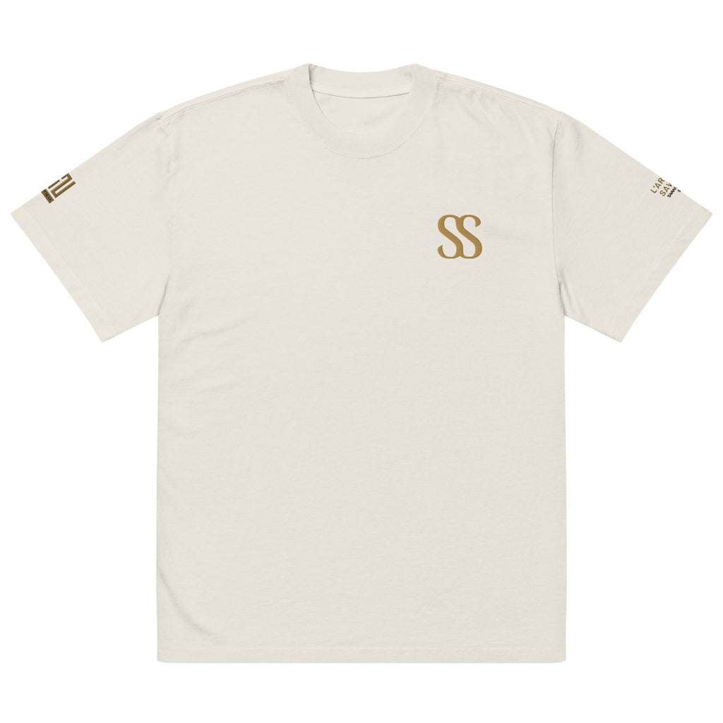 SAVANT NOIR luxury streetwear oversized tee in beige with gold SS logo on chest and sleeve details