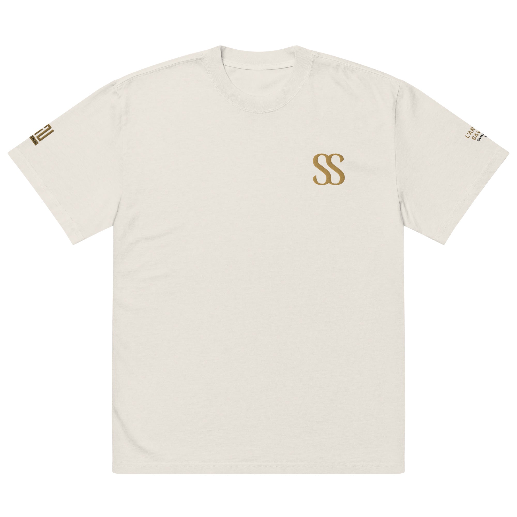 SAVANT NOIR luxury streetwear oversized tee in beige with gold SS logo on chest and sleeve details