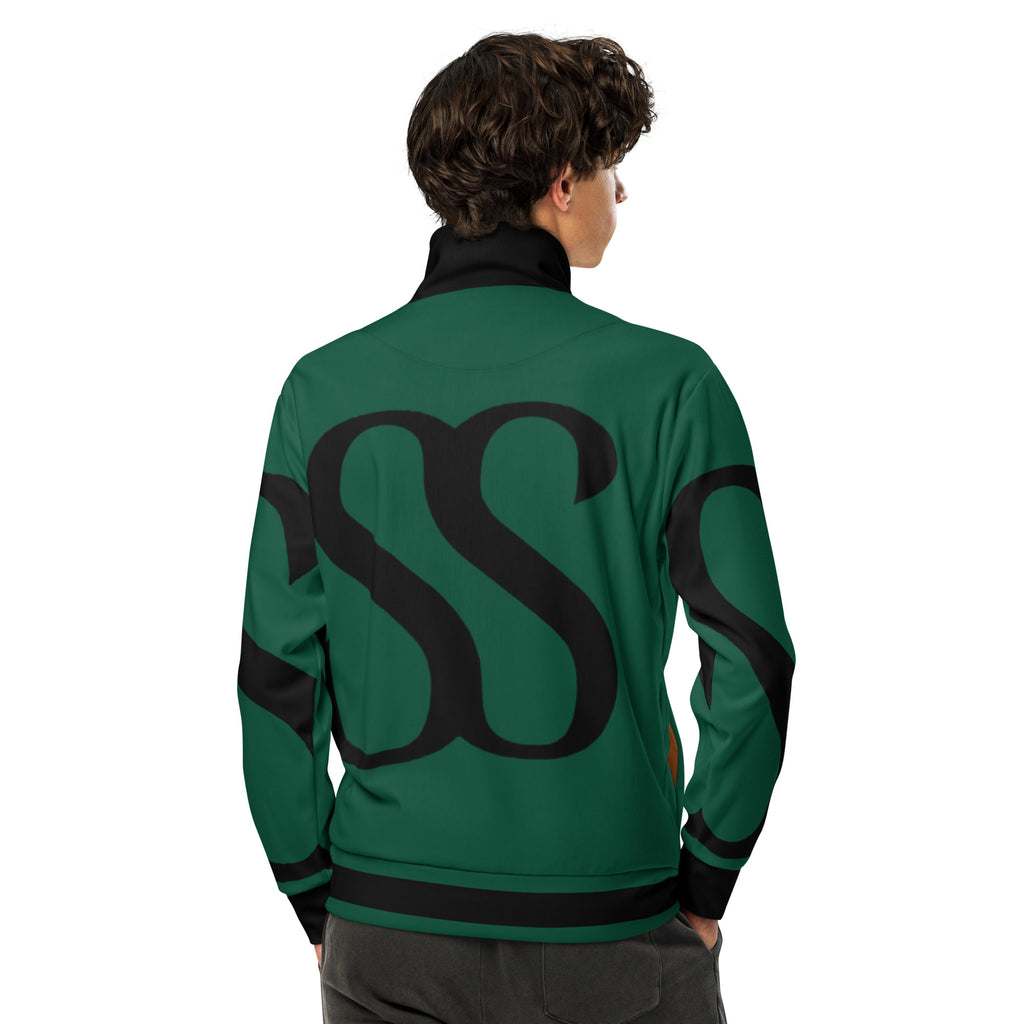 SAVANT NOIR British racing green jacket with black design details worn by male model from back
