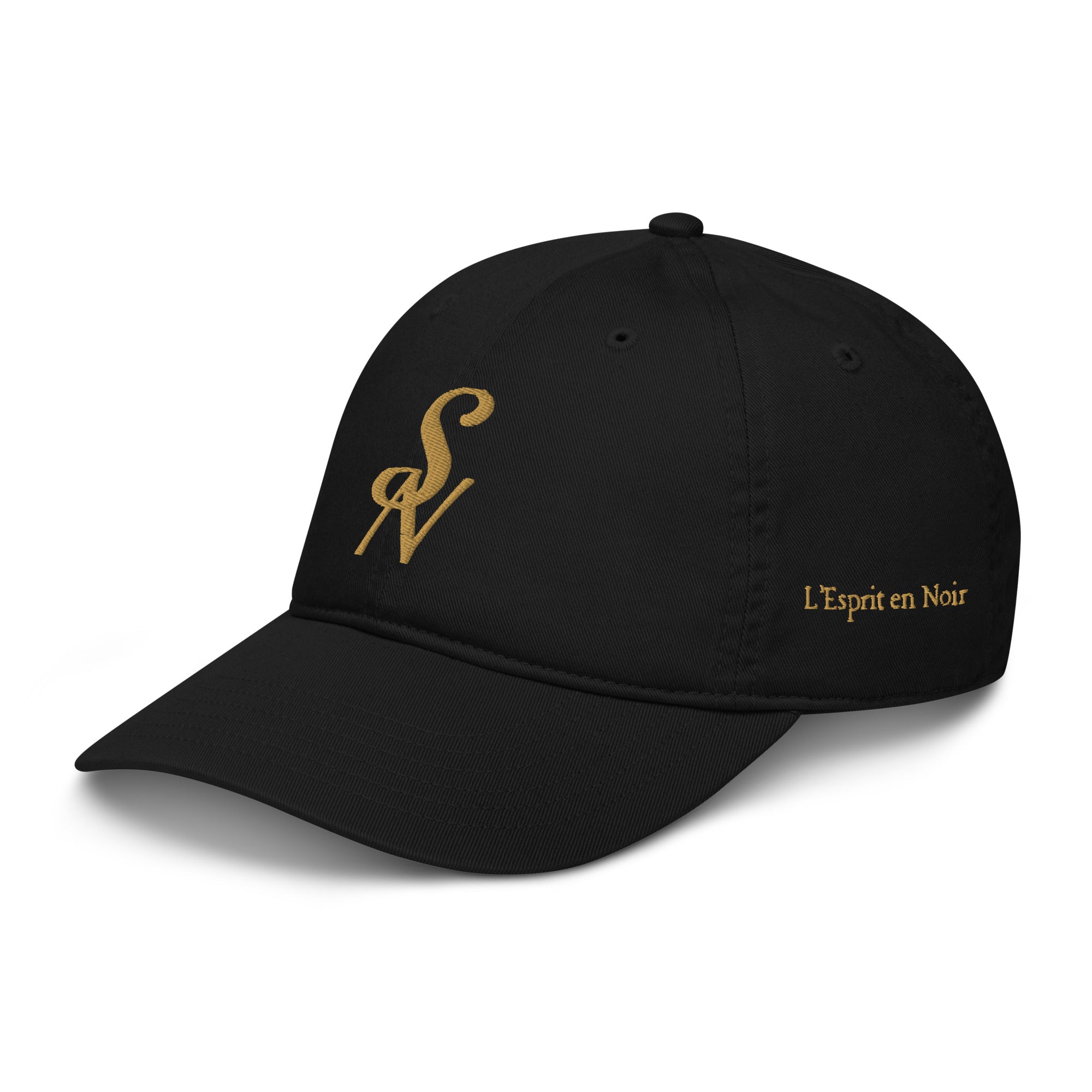 SAVANT NOIR black organic cotton luxury cap with gold logo and L'Esprit en Noir text