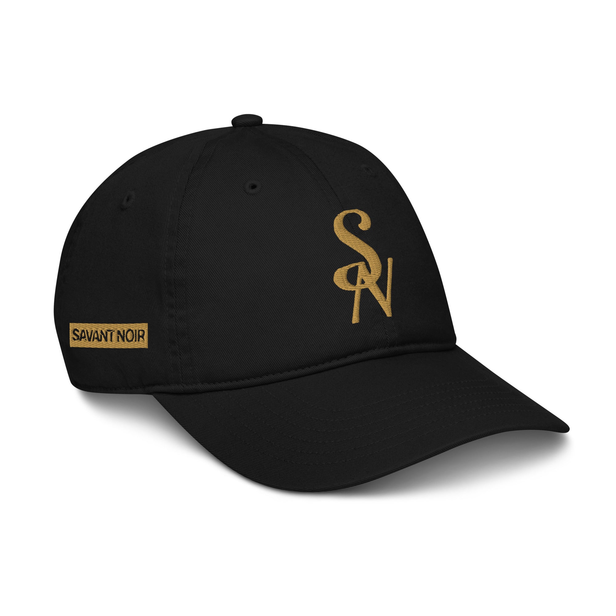 SAVANT NOIR black organic cotton luxury cap with gold embroidered SN logo and side label
