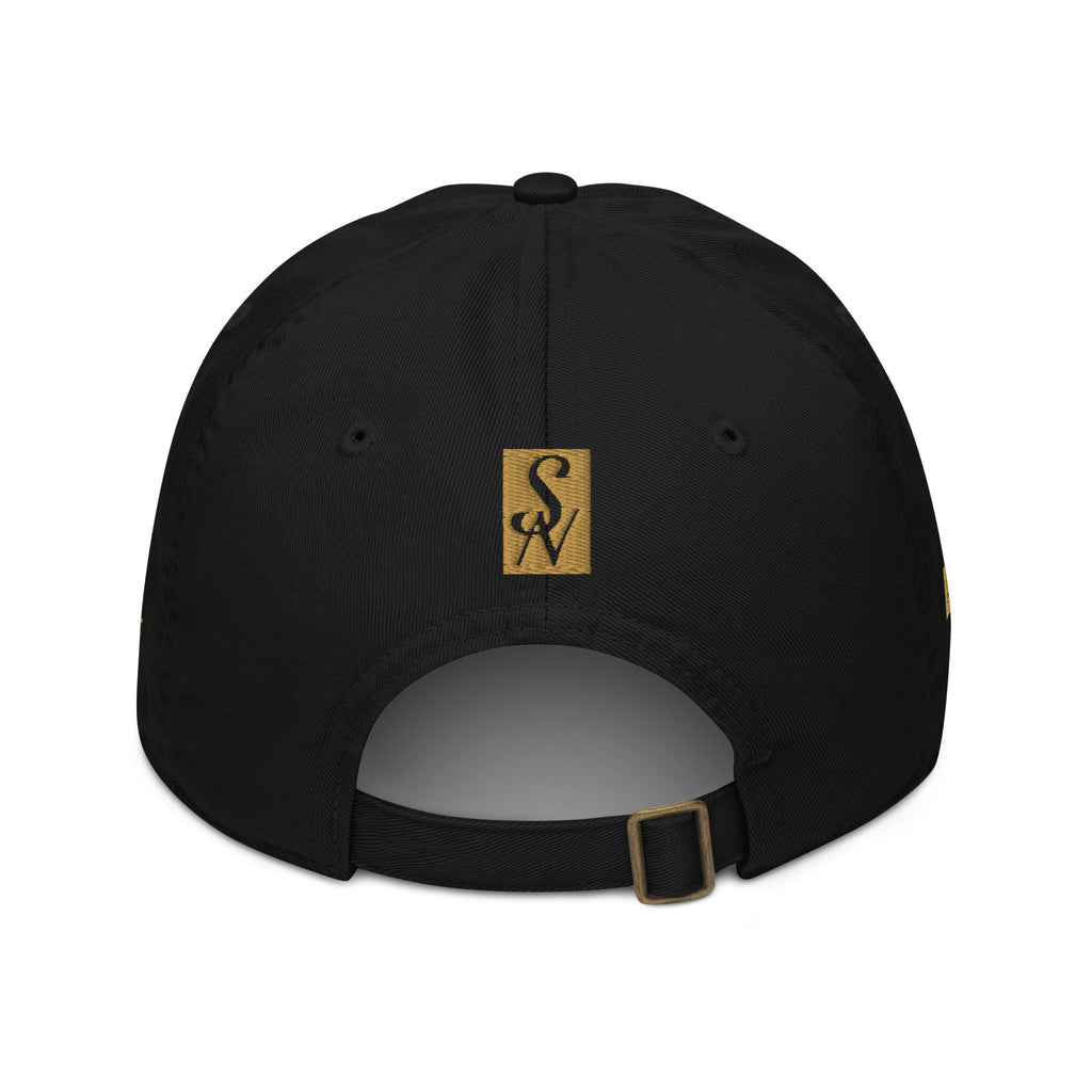 Black SAVANT NOIR organic cotton luxury cap shown from the back with adjustable strap and logo patch
